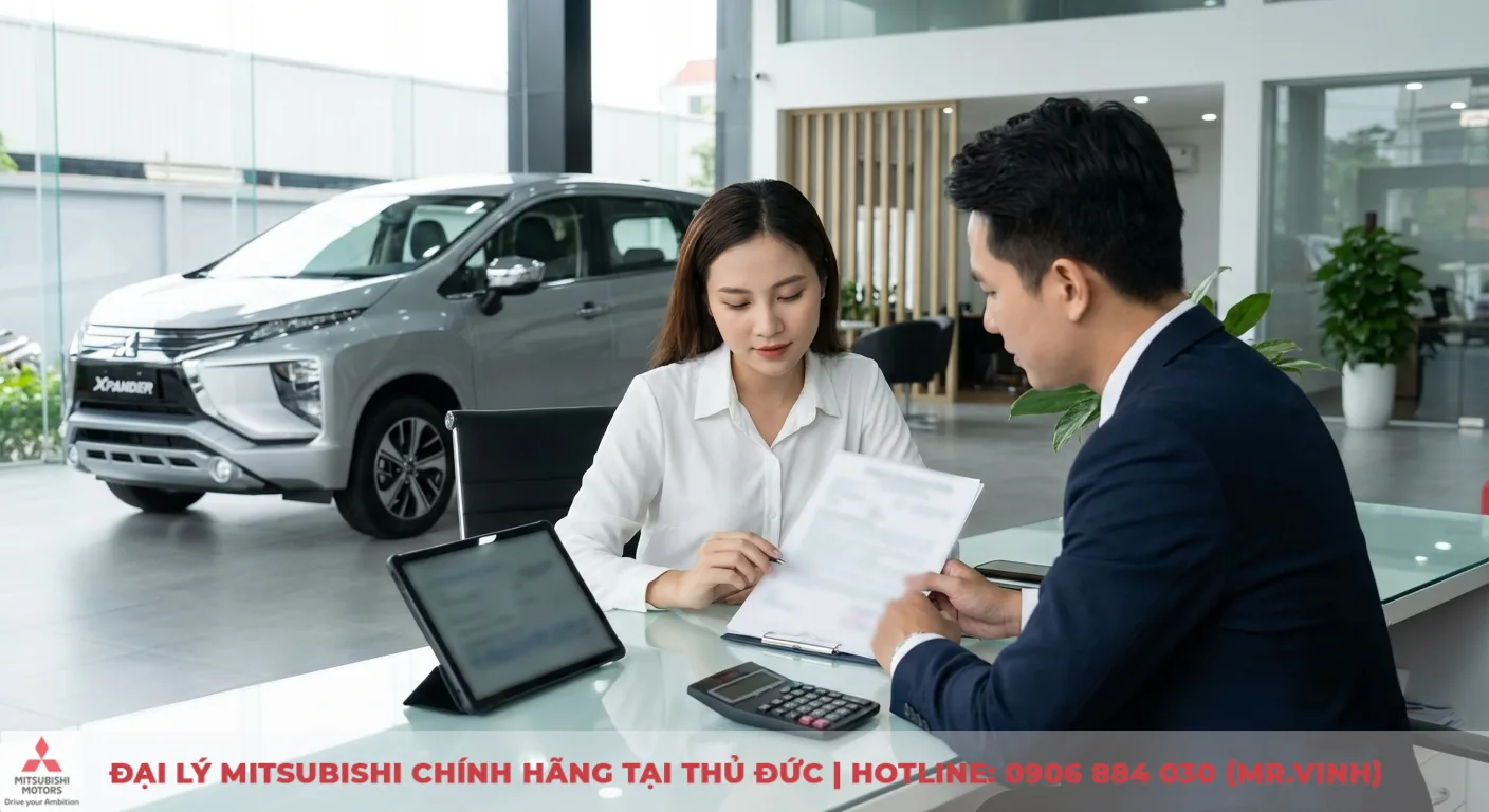 Kh&aacute;ch h&agrave;ng nữ v&agrave; nh&acirc;n vi&ecirc;n nam xem t&agrave;i liệu c&ugrave;ng m&aacute;y t&iacute;nh, m&aacute;y t&iacute;nh bảng trước xe Mitsubishi Xpander tại showroom