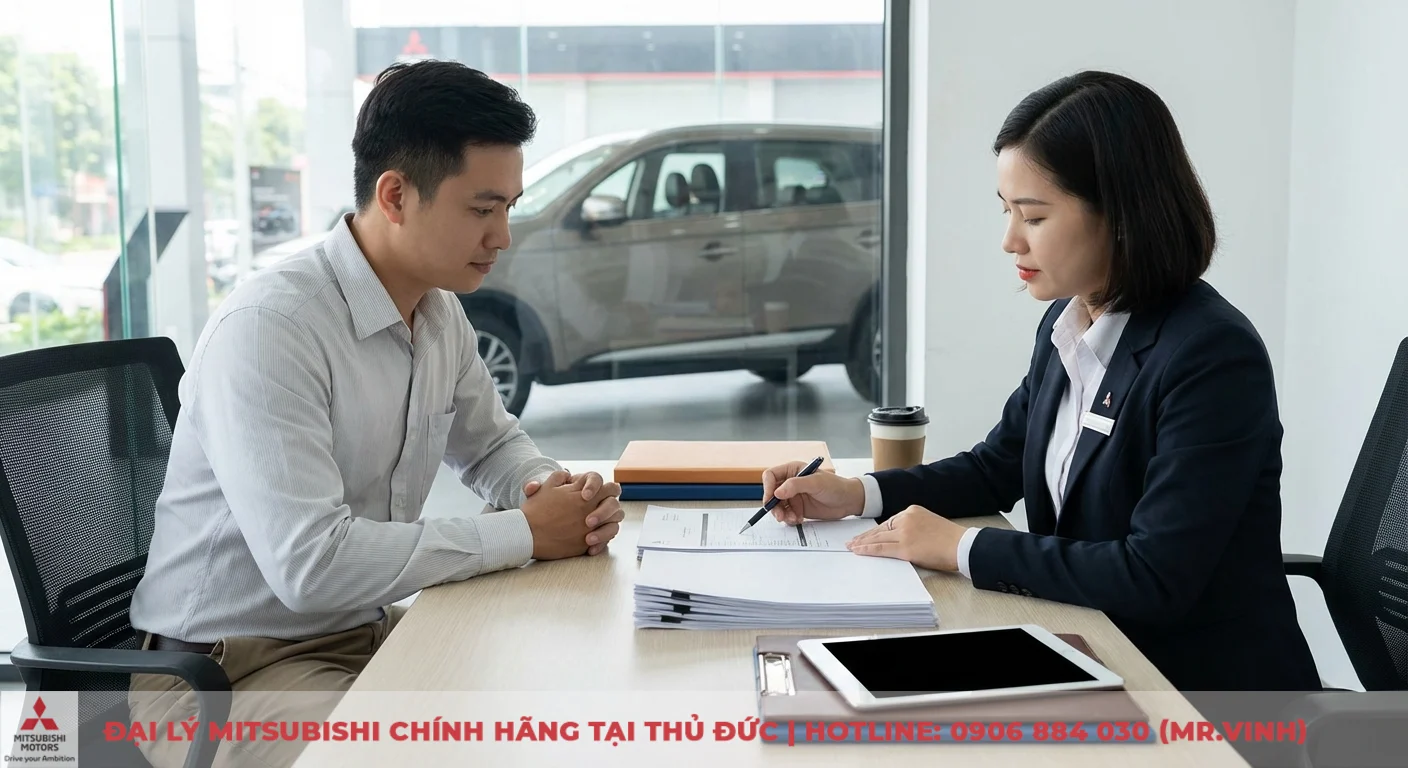 Một phụ nữ v&agrave; một người đ&agrave;n &ocirc;ng đang ngồi tại b&agrave;n, người phụ nữ hướng dẫn k&yacute; hồ sơ vay mua xe Mitsubishi trong showroom