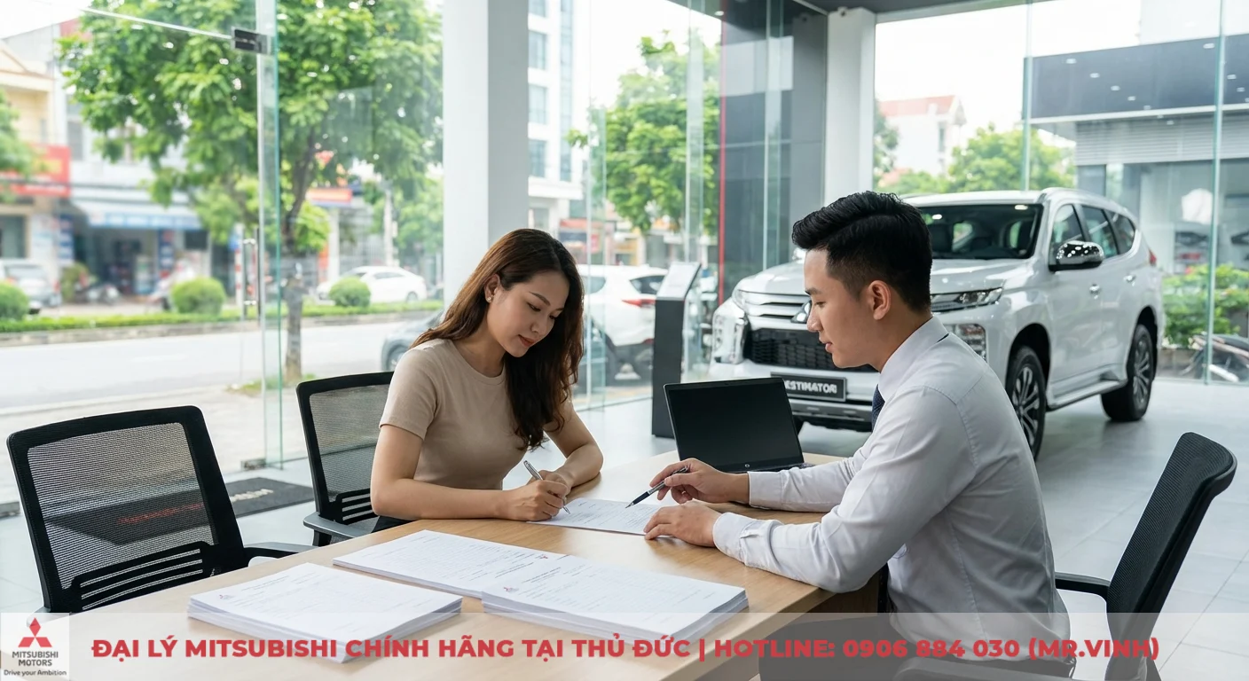 Một phụ nữ k&yacute; hợp đồng mua xe với nh&acirc;n vi&ecirc;n b&aacute;n h&agrave;ng nam tại b&agrave;n trong showroom, nhiều xe SUV trắng ph&iacute;a sau