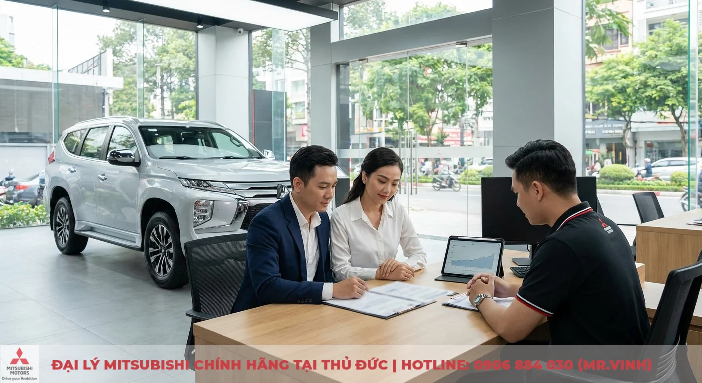 Kh&aacute;ch h&agrave;ng v&agrave; nh&acirc;n vi&ecirc;n b&aacute;n h&agrave;ng tại b&agrave;n trong showroom &ocirc; t&ocirc;, xem giấy tờ c&ugrave;ng biểu đồ tr&ecirc;n m&aacute;y t&iacute;nh bảng v&agrave; SUV bạc