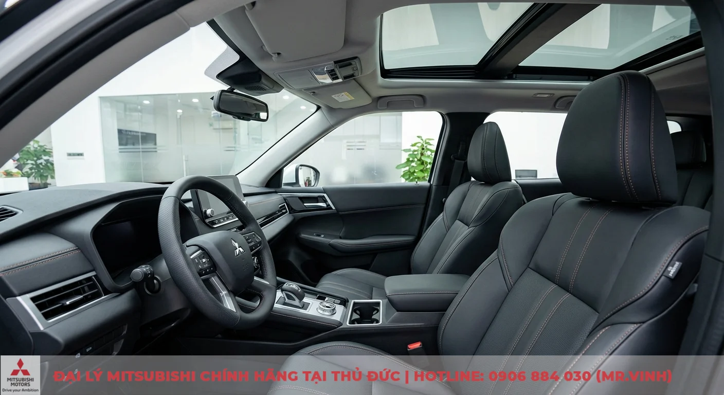 Nội thất &ocirc; t&ocirc; sang trọng với ghế da cao cấp, v&ocirc; lăng, bảng điều khiển trung t&acirc;m, v&agrave; cửa sổ trời panorama, chi tiết đường chỉ th&ecirc;u