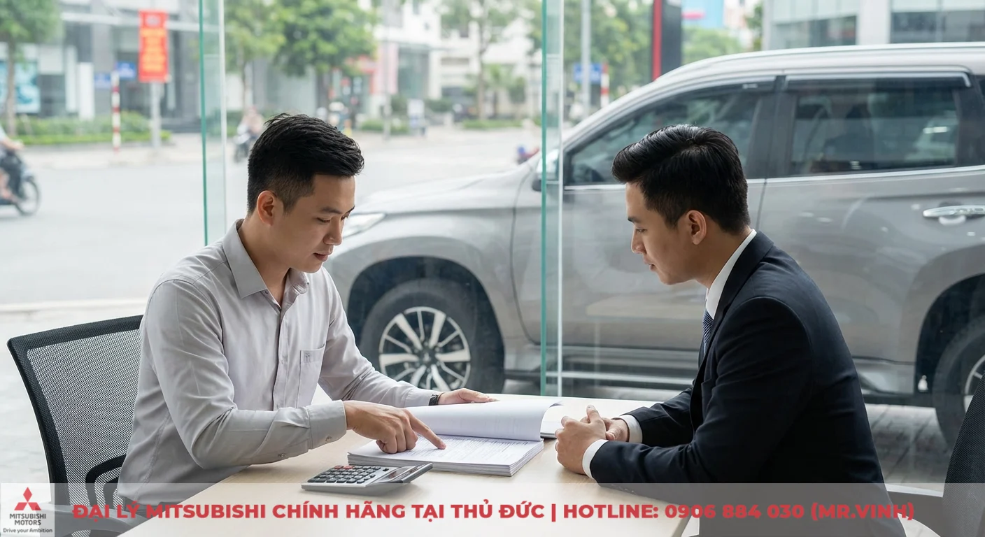 Hai người đ&agrave;n &ocirc;ng đang thảo luận t&agrave;i liệu c&ugrave;ng m&aacute;y t&iacute;nh tr&ecirc;n b&agrave;n, c&oacute; xe SUV x&aacute;m qua cửa k&iacute;nh, gợi &yacute; tư vấn mua xe