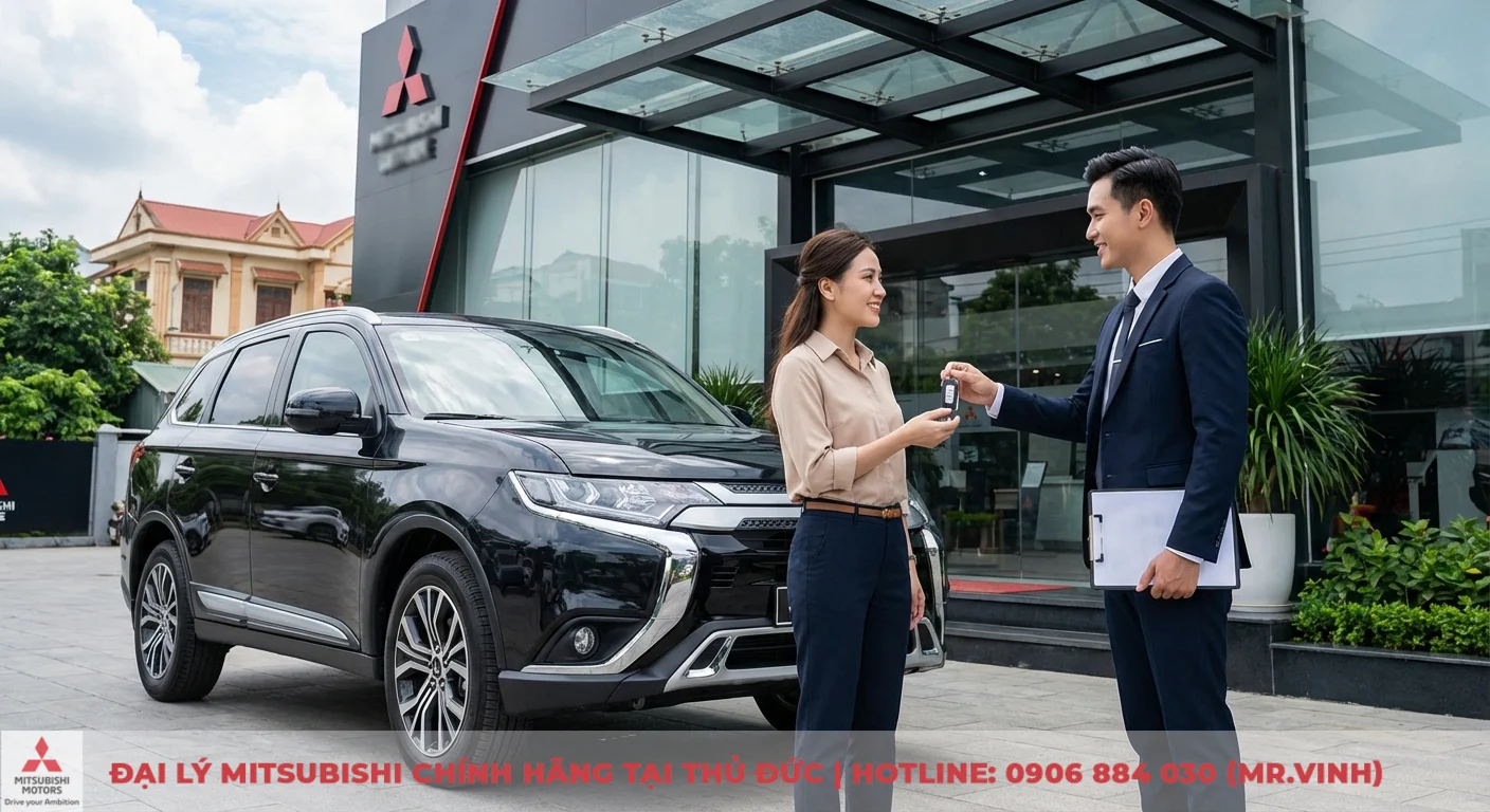Đại l&yacute; Mitsubishi Saigon 3S với người đ&agrave;n &ocirc;ng trao ch&igrave;a kh&oacute;a xe Mitsubishi SUV m&agrave;u đen cho người phụ nữ