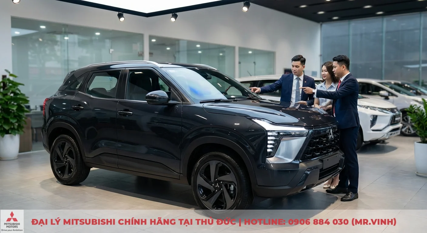 Một chiếc SUV Mitsubishi màu xám đậm trong showroom, nhân viên đang giới thiệu xe cho khách hàng, nổi bật với đèn LED sắc sảo và mâm hợp kim đen