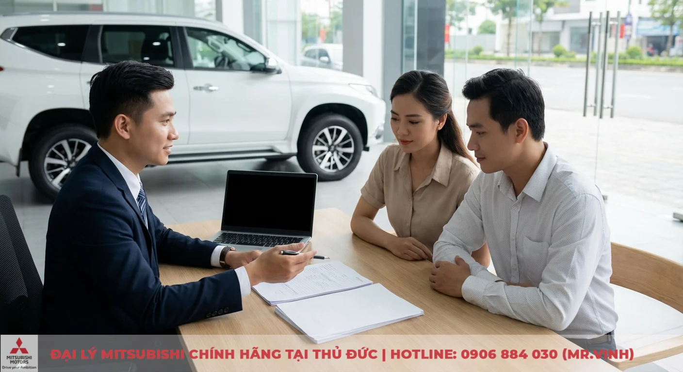 Cuộc tư vấn hợp đồng mua xe trả góp giữa nhân viên đại lý và cặp đôi khách hàng, có xe SUV trắng phía sau