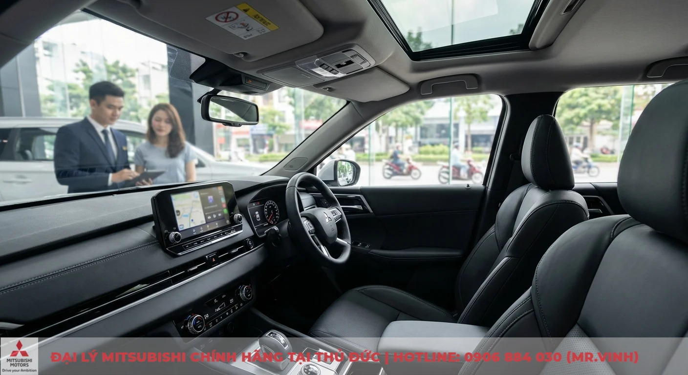 Nội thất ô tô cao cấp với ghế bọc da, vô lăng Mitsubishi, màn hình giải trí lớn có định vị và cửa sổ trời toàn cảnh