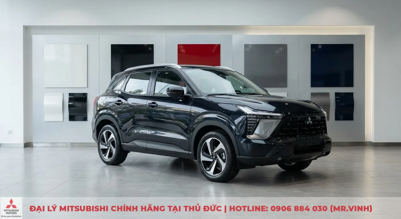 Xe SUV Mitsubishi Destinator Ultimate 2026 màu đen bóng đỗ trong showroom trưng bày các mẫu màu trắng, đỏ, xám, xanh đậm trên tường