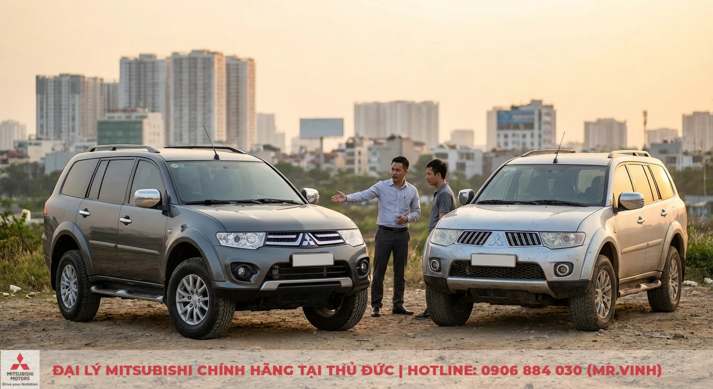 Hai chiếc xe SUV Mitsubishi màu xám và bạc được hai người đàn ông đang so sánh, với cảnh quan thành phố phía sau