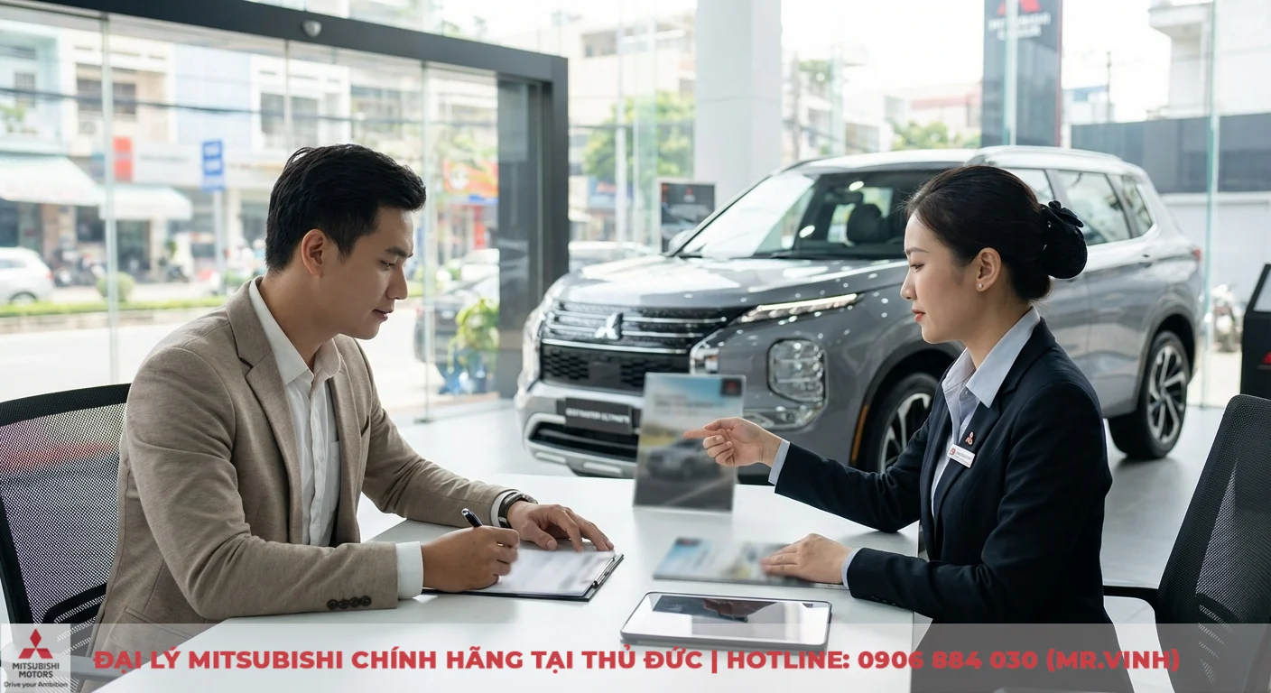Người đàn ông và người phụ nữ ngồi tại bàn trong showroom Mitsubishi, người đàn ông ký giấy tờ, phụ nữ chỉ vào brochure Destinator Ultimate
