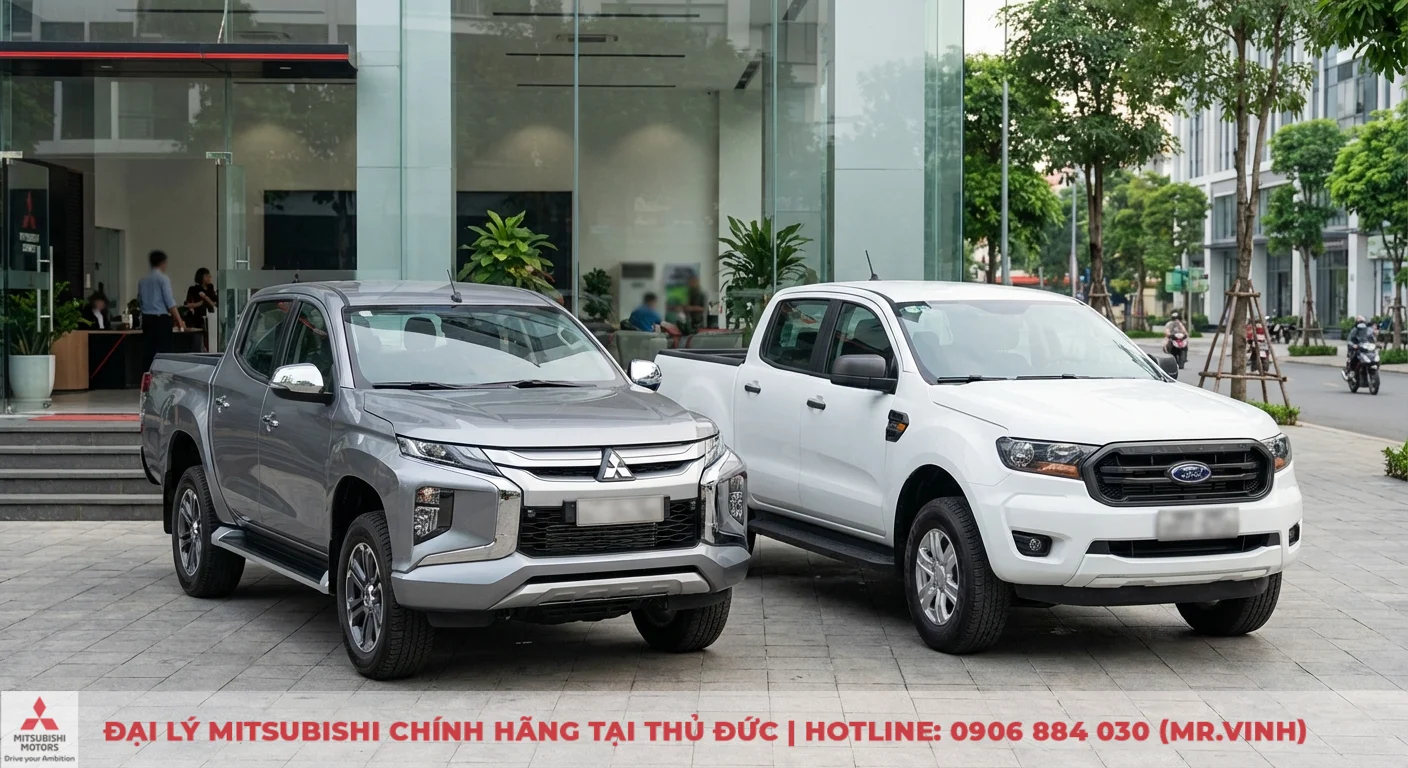 Hai xe bán tải Mitsubishi Triton màu xám và Ford Ranger màu trắng đỗ cạnh nhau trước tòa nhà