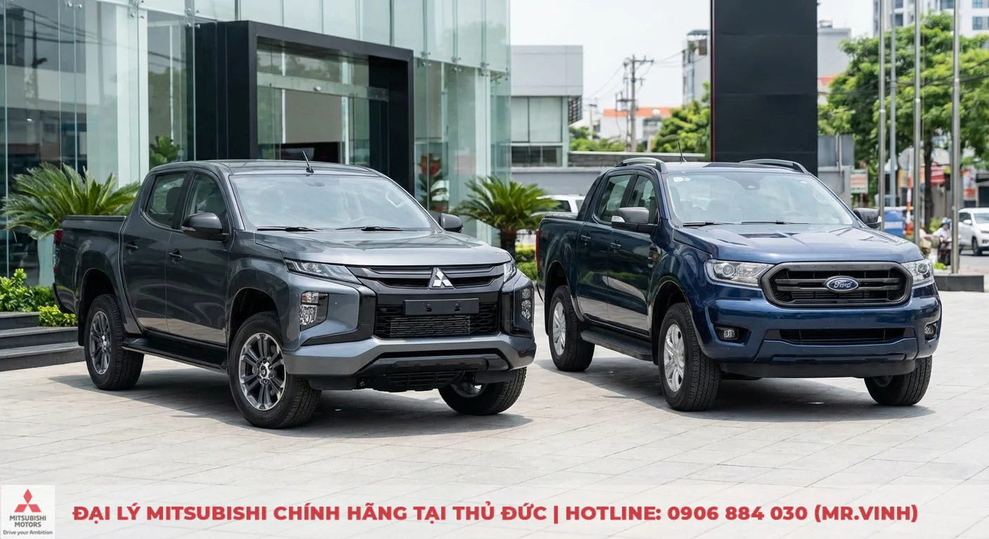 Hai xe bán tải Mitsubishi Triton màu xám và Ford Ranger màu xanh đỗ cạnh nhau trước tòa nhà kính hiện đại