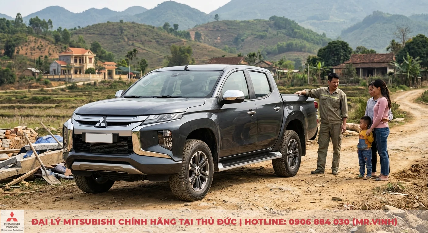 Chiếc xe bán tải Mitsubishi Triton màu xám trên đường đất, bên cạnh là một gia đình Việt và cảnh quan núi rừng nông thôn