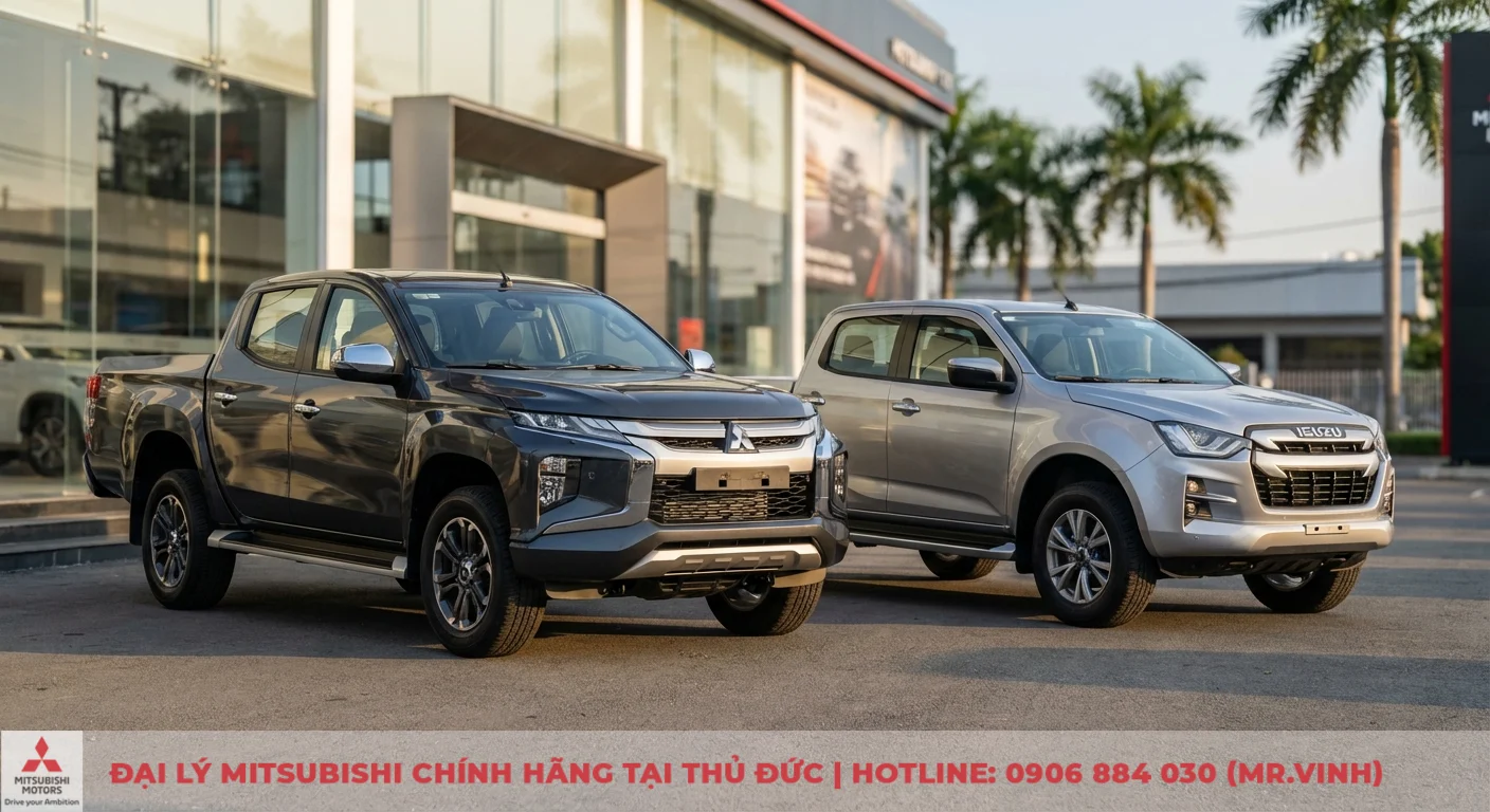 Hai xe b&aacute;n tải Mitsubishi Triton m&agrave;u x&aacute;m đậm v&agrave; Isuzu D-Max m&agrave;u bạc đỗ trước showroom &ocirc; t&ocirc; hiện đại
