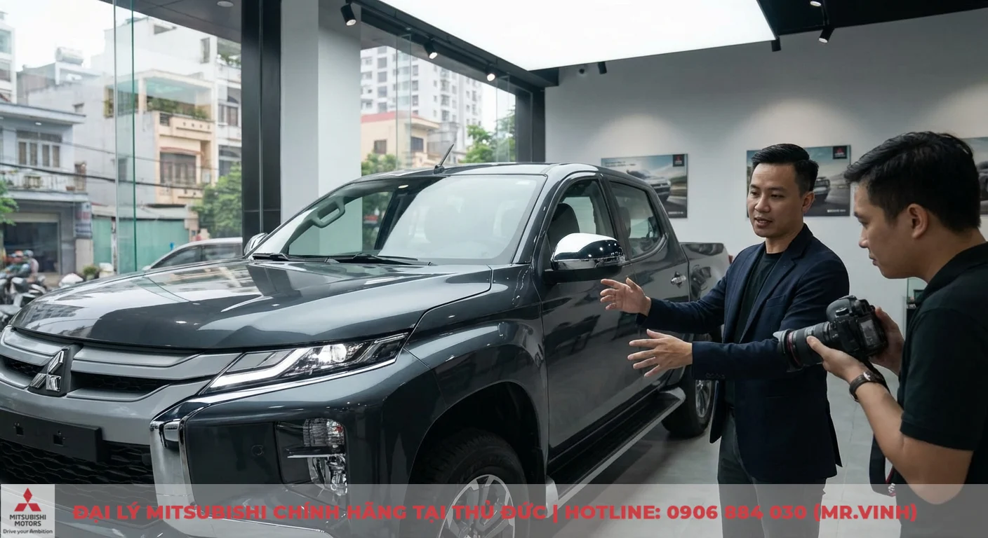 Hai người đ&agrave;n &ocirc;ng trong showroom &ocirc; t&ocirc;, một người giới thiệu chiếc b&aacute;n tải Mitsubishi Triton m&agrave;u x&aacute;m đậm với lưới tản nhiệt lớn v&agrave; đ&egrave;n pha LED, người kia cầm m&aacute;y ảnh