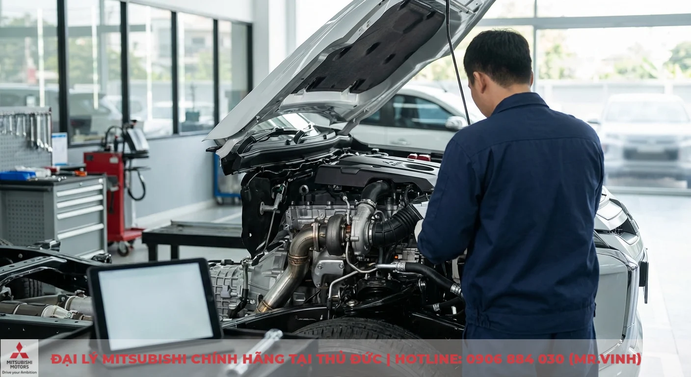 Kỹ thuật vi&ecirc;n mặc đồng phục xanh kiểm tra động cơ turbo của xe hơi mở nắp ca-p&ocirc; trong xưởng, cạnh m&aacute;y t&iacute;nh bảng