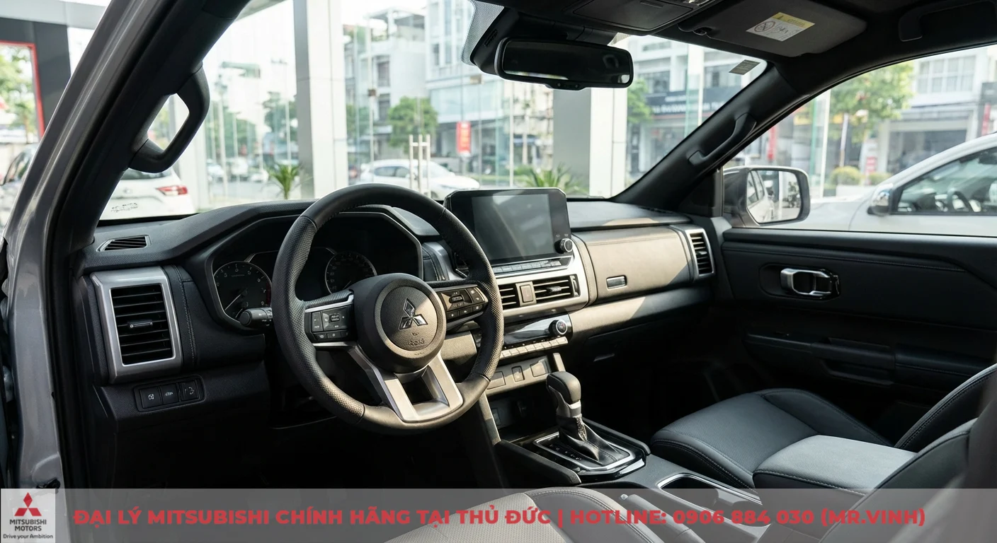 Nội thất b&ecirc;n trong xe &ocirc; t&ocirc; với v&ocirc; lăng logo Mitsubishi, m&agrave;n h&igrave;nh giải tr&iacute; trung t&acirc;m, cần số tự động v&agrave; ghế da