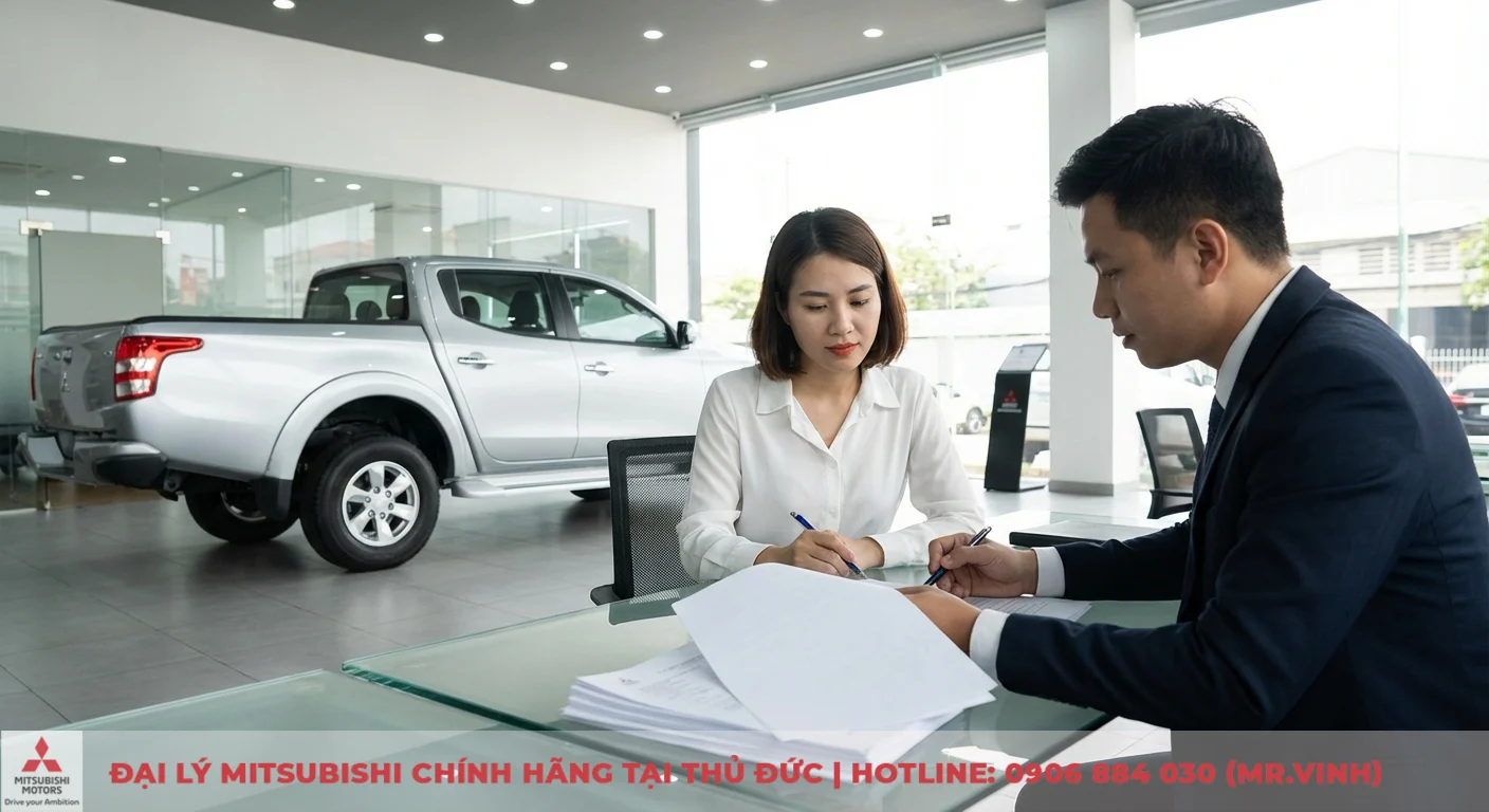 Người đ&agrave;n &ocirc;ng v&agrave; phụ nữ ngồi tại b&agrave;n k&iacute;nh k&yacute; giấy tờ trong showroom xe hơi, ph&iacute;a sau l&agrave; chiếc xe b&aacute;n tải m&agrave;u bạc