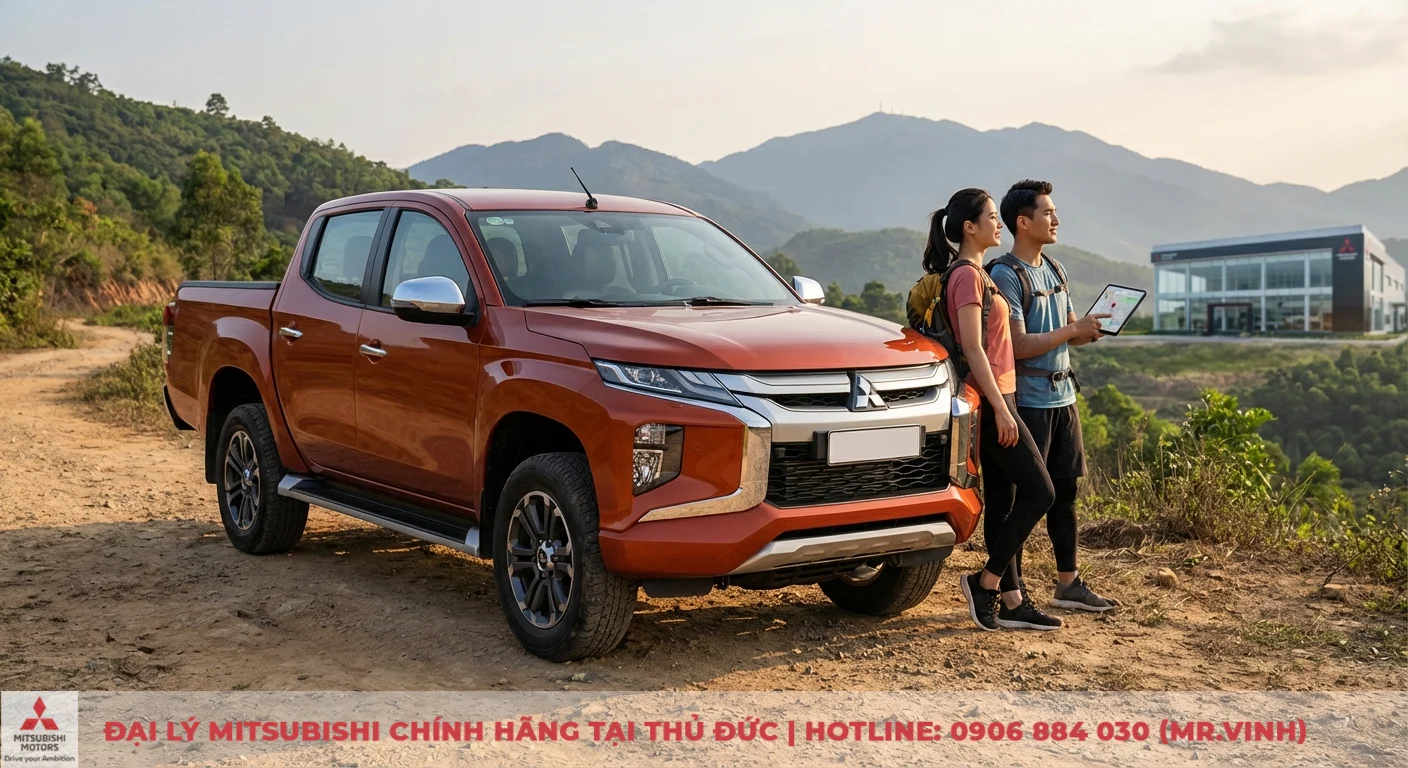 Mitsubishi Triton m&agrave;u cam đỗ tr&ecirc;n đường đất, cặp đ&ocirc;i du lịch với ba l&ocirc; v&agrave; tablet c&oacute; bản đồ, xa l&agrave; n&uacute;i v&agrave; showroom hiện đại