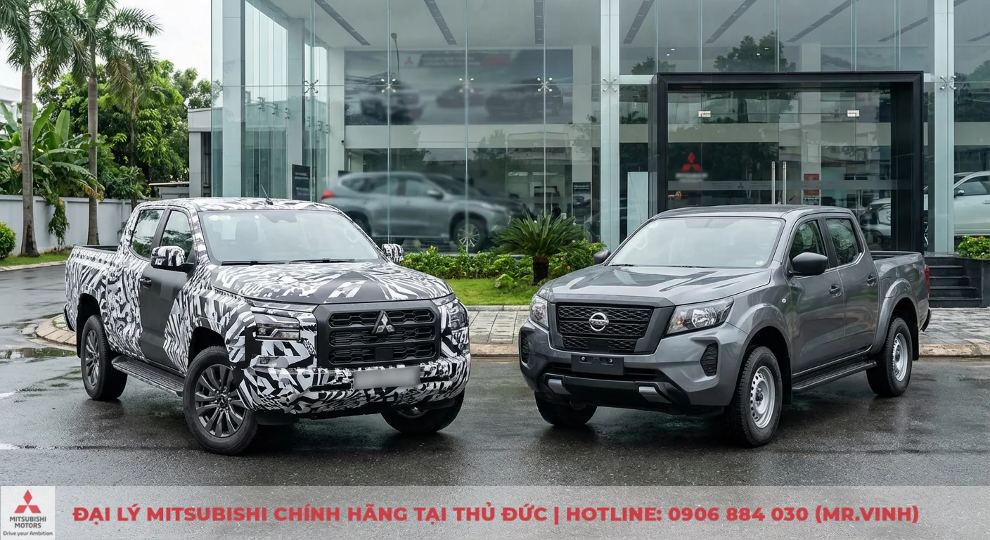 Hai xe b&aacute;n tải, một Mitsubishi Triton ngụy trang v&agrave; một Nissan Navara m&agrave;u x&aacute;m, đỗ cạnh nhau trước t&ograve;a nh&agrave; k&iacute;nh