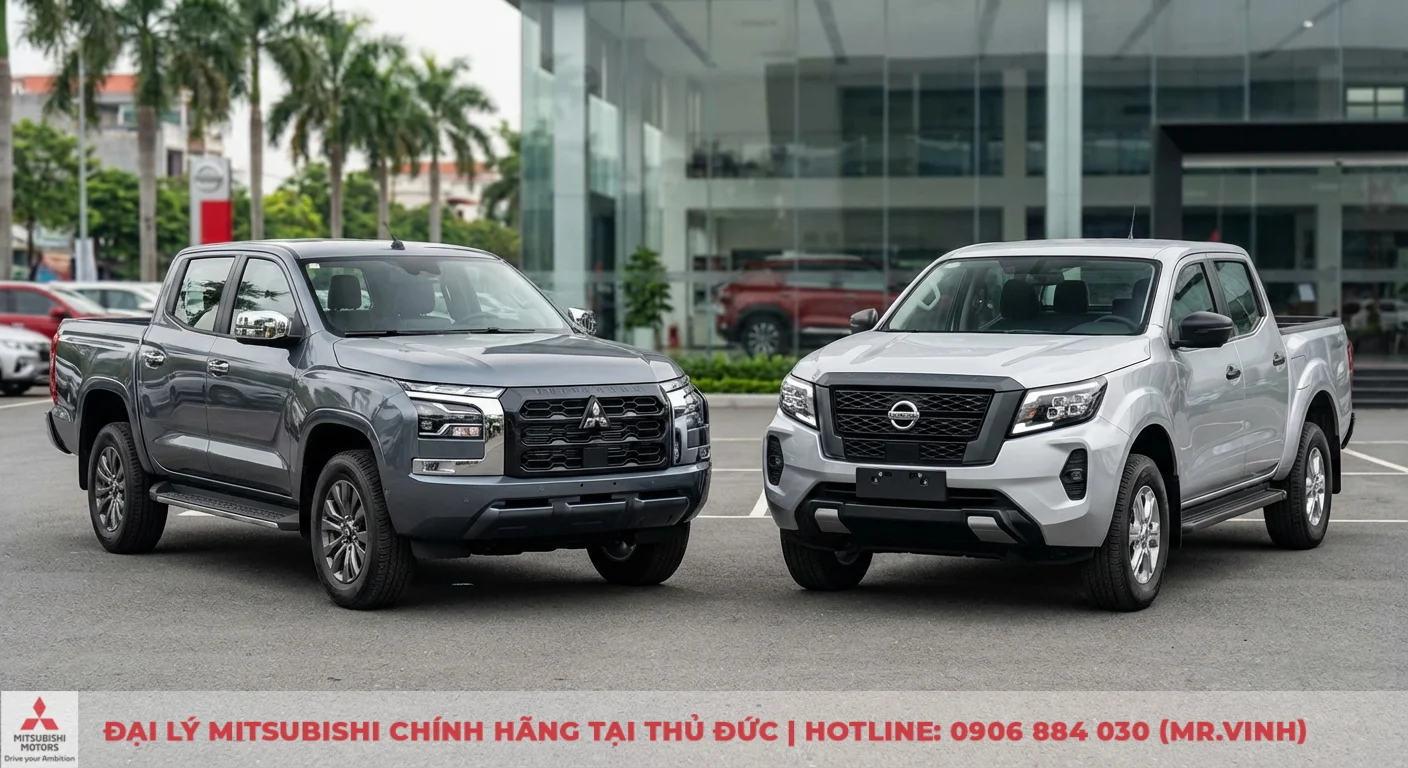 Hai xe b&aacute;n tải Mitsubishi Triton m&agrave;u x&aacute;m v&agrave; Nissan Navara m&agrave;u bạc đỗ cạnh nhau, ph&iacute;a trước t&ograve;a nh&agrave; k&iacute;nh hiện đại