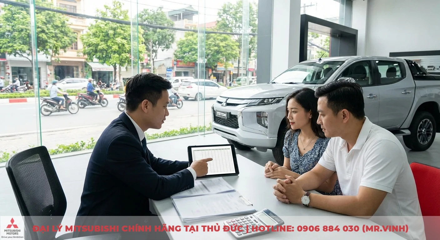 Nh&acirc;n vi&ecirc;n b&aacute;n h&agrave;ng tư vấn cặp đ&ocirc;i về gi&aacute; lăn b&aacute;nh xe Mitsubishi Triton tr&ecirc;n m&aacute;y t&iacute;nh bảng hiển thị bảng t&iacute;nh, c&ugrave;ng giấy tờ, m&aacute;y t&iacute;nh