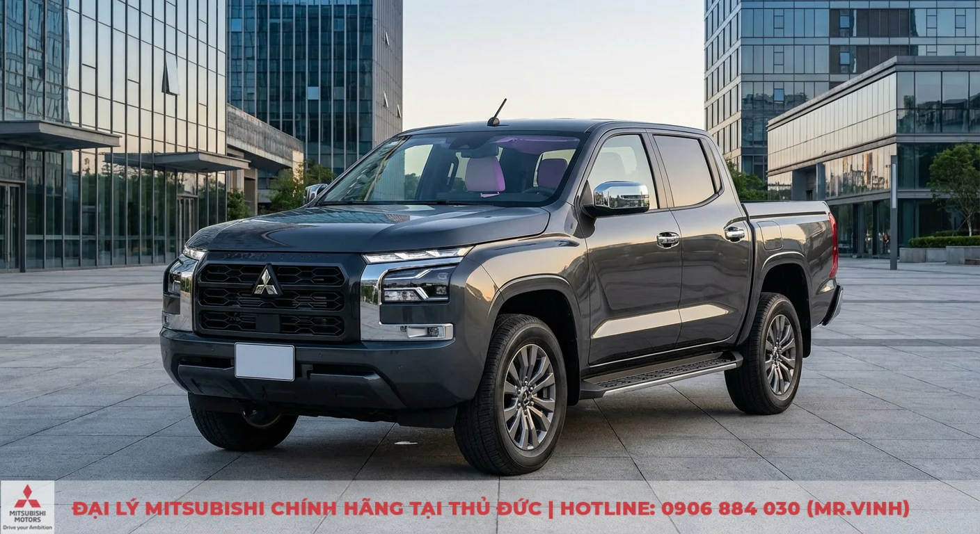 Xe b&aacute;n tải Mitsubishi Triton 2026 m&agrave;u x&aacute;m đậm với thiết kế hiện đại, lưới tản nhiệt lớn, đ&egrave;n pha LED, đỗ trước c&aacute;c t&ograve;a nh&agrave; k&iacute;nh