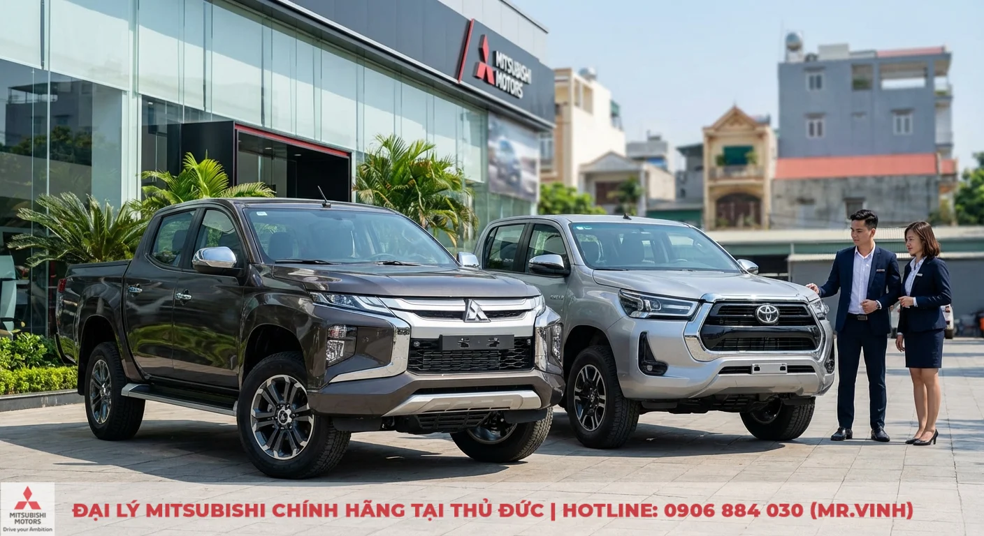 Hai xe b&aacute;n tải Mitsubishi Triton n&acirc;u v&agrave; Toyota Hilux bạc đỗ trước showroom Mitsubishi Motors, c&oacute; hai nh&acirc;n vi&ecirc;n