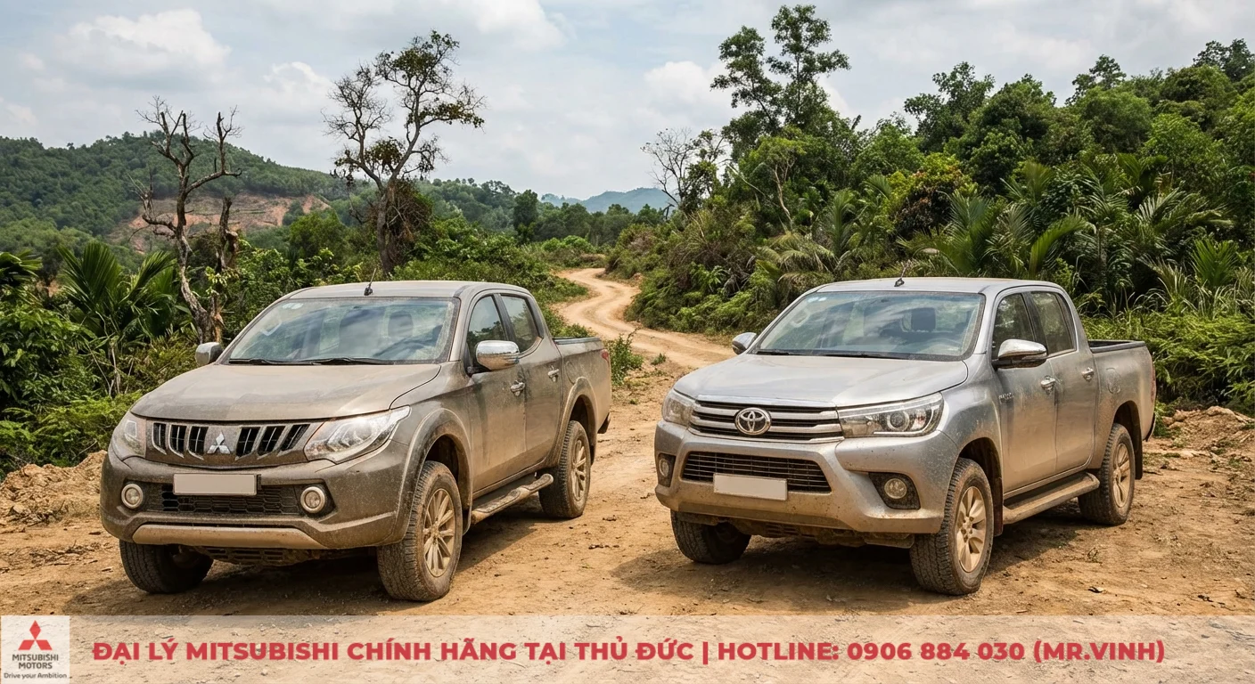 Hai xe b&aacute;n tải Mitsubishi Triton v&agrave; Toyota Hilux m&agrave;u x&aacute;m đỗ tr&ecirc;n đường đất giữa khung cảnh rừng n&uacute;i xanh tươi