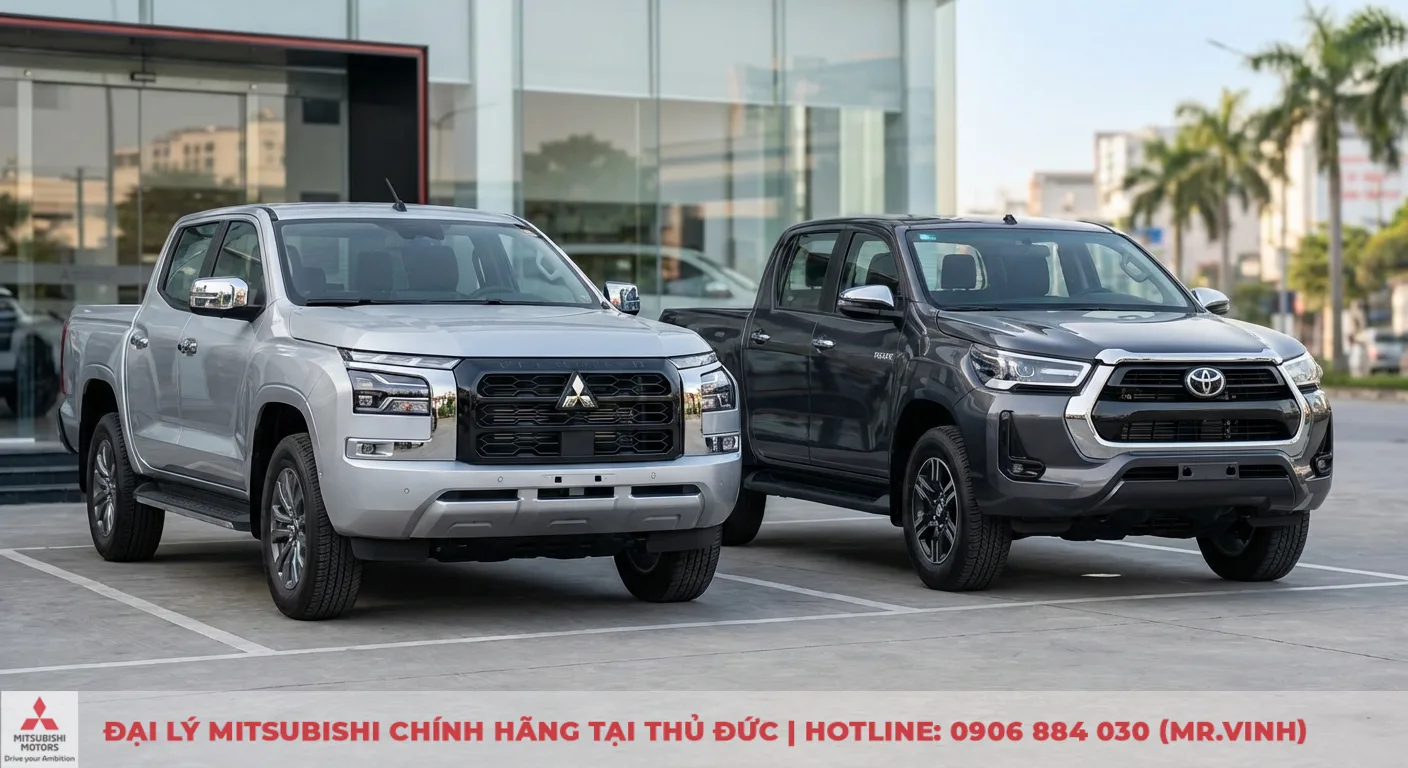 Hai chiếc b&aacute;n tải Mitsubishi Triton m&agrave;u bạc v&agrave; Toyota Hilux m&agrave;u x&aacute;m đỗ trong b&atilde;i đậu xe trước t&ograve;a nh&agrave; k&iacute;nh