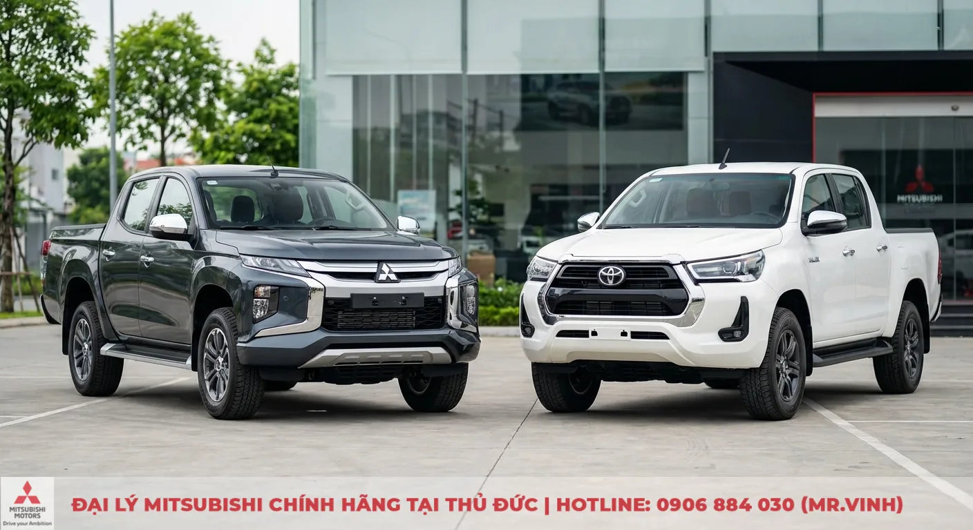 Hai xe b&aacute;n tải Mitsubishi Triton m&agrave;u x&aacute;m v&agrave; Toyota Hilux m&agrave;u trắng đỗ cạnh nhau trước đại l&yacute; Mitsubishi