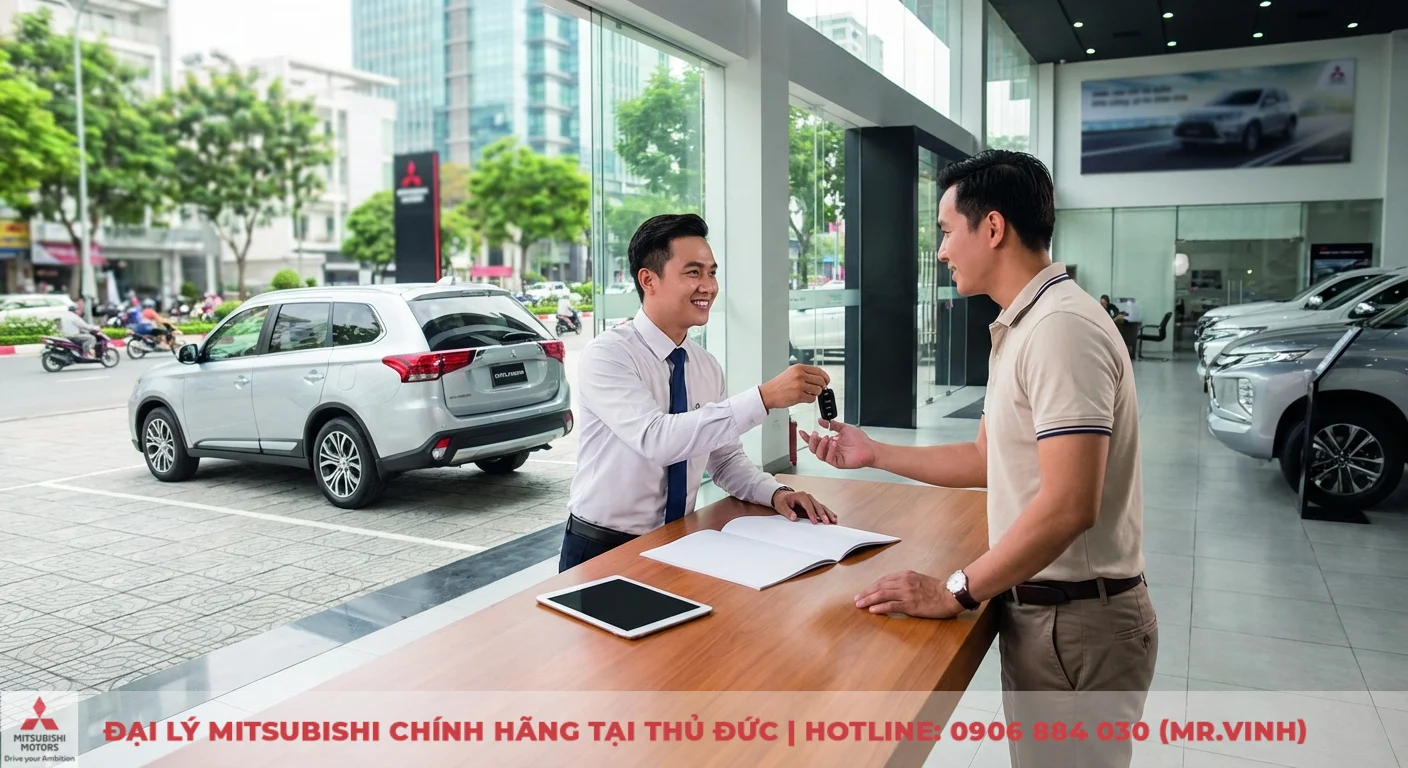 Nh&acirc;n vi&ecirc;n Mitsubishi trao ch&igrave;a kh&oacute;a xe cho kh&aacute;ch tại showroom, cạnh b&agrave;n c&oacute; m&aacute;y t&iacute;nh bảng, xe SUV bạc đỗ ngo&agrave;i v&agrave; c&aacute;c xe mới trưng b&agrave;y