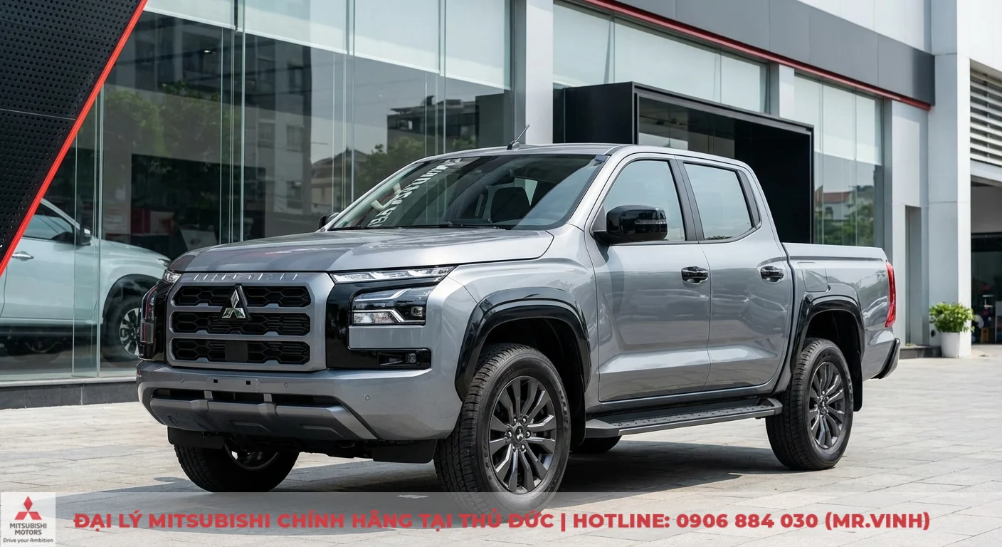Xe bán tải Mitsubishi Triton màu xám bạc đời mới, với lưới tản nhiệt Dynamic Shield, đèn LED, vòm bánh xe và mâm đen bóng đỗ trước tòa nhà kính
