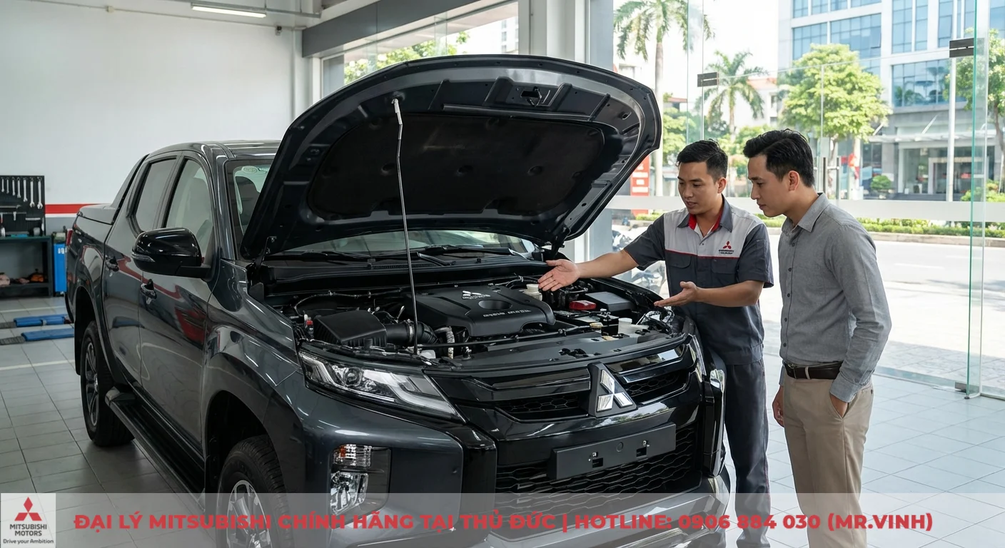 Thợ máy Mitsubishi chỉ động cơ MIVEC của xe bán tải Triton màu xám đậm, giải thích cho khách hàng tại đại lý