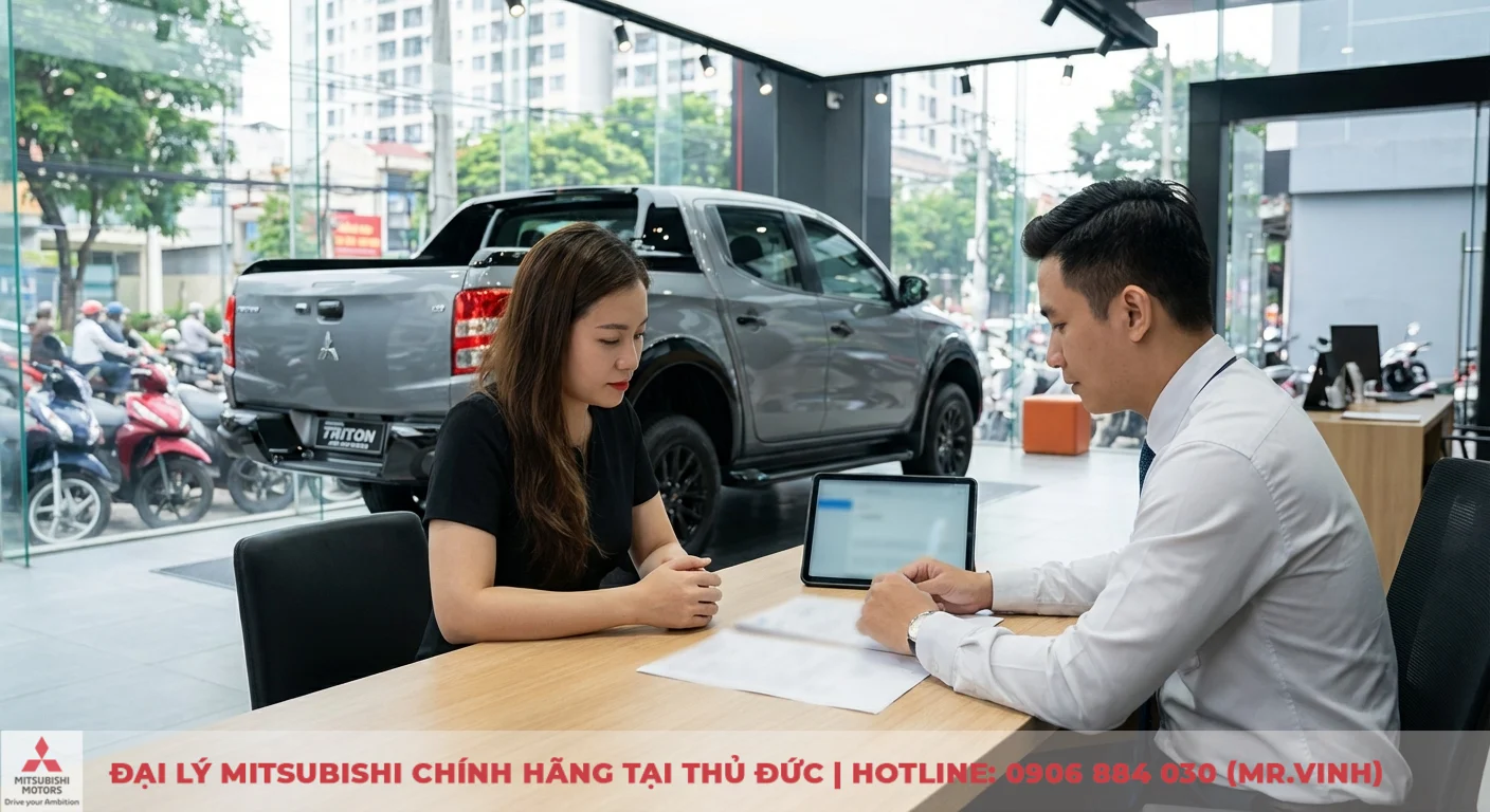 Cảnh trong showroom ô tô, nam nhân viên tư vấn đang đối diện khách hàng nữ bên bàn gỗ, phía sau là xe Mitsubishi Triton