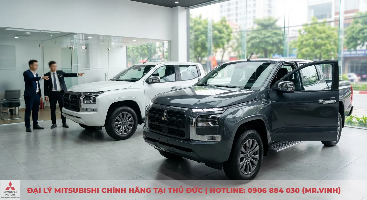Phòng trưng bày ô tô trưng bày hai xe bán tải Mitsubishi Triton: một phiên bản xám mới cửa mở và một trắng cũ, hai người đàn ông chỉ tay