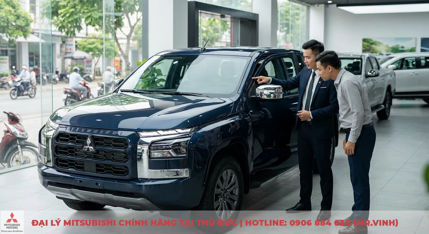 Xe bán tải Mitsubishi Triton màu xanh đậm trong showroom, nhân viên bán hàng chỉ gương xe cho khách hàng xem