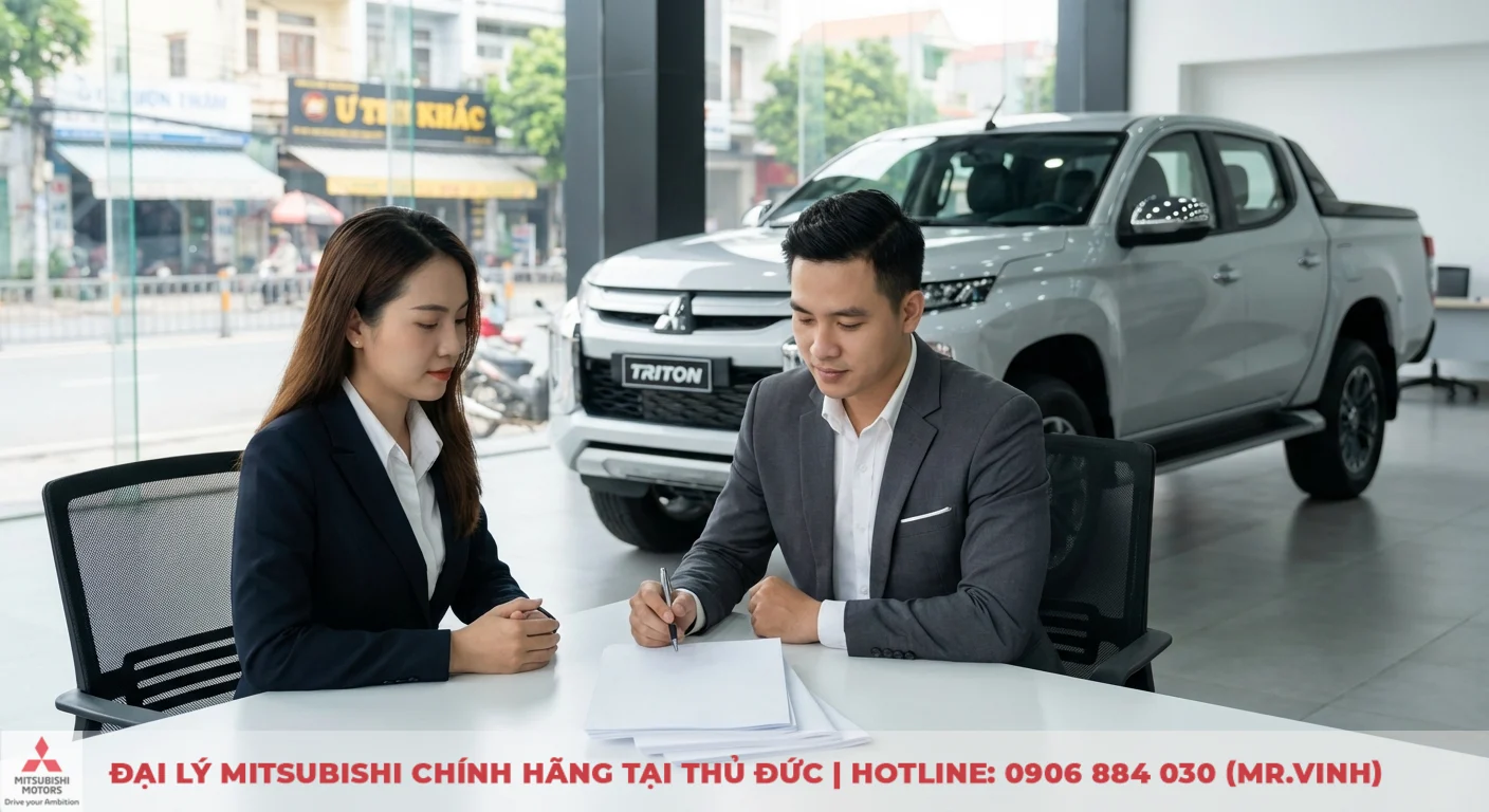 Chuyên viên đang hướng dẫn khách hàng ký giấy tờ tại bàn trước xe bán tải Triton màu bạc trong showroom