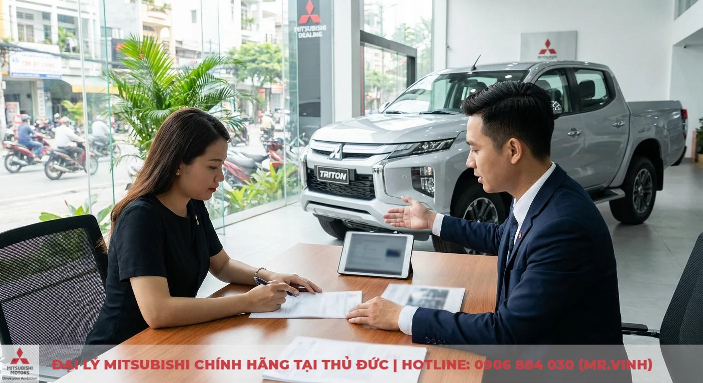 Mitsubishi Triton 2WD AT GLX 2026: Thông số, giá dự kiến, ngày ra mắt 3 Người phụ nữ ký giấy tờ tại bàn gỗ trong showroom Mitsubishi, nhân viên tư vấn cạnh xe Triton màu bạc