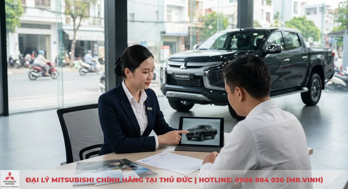 Mitsubishi Triton 2WD AT GLX 2026: Thông số, giá dự kiến, ngày ra mắt 4 Nữ tư vấn viên giới thiệu mẫu xe bán tải Mitsubishi Triton qua máy tính bảng cho khách hàng tại showroom ô tô