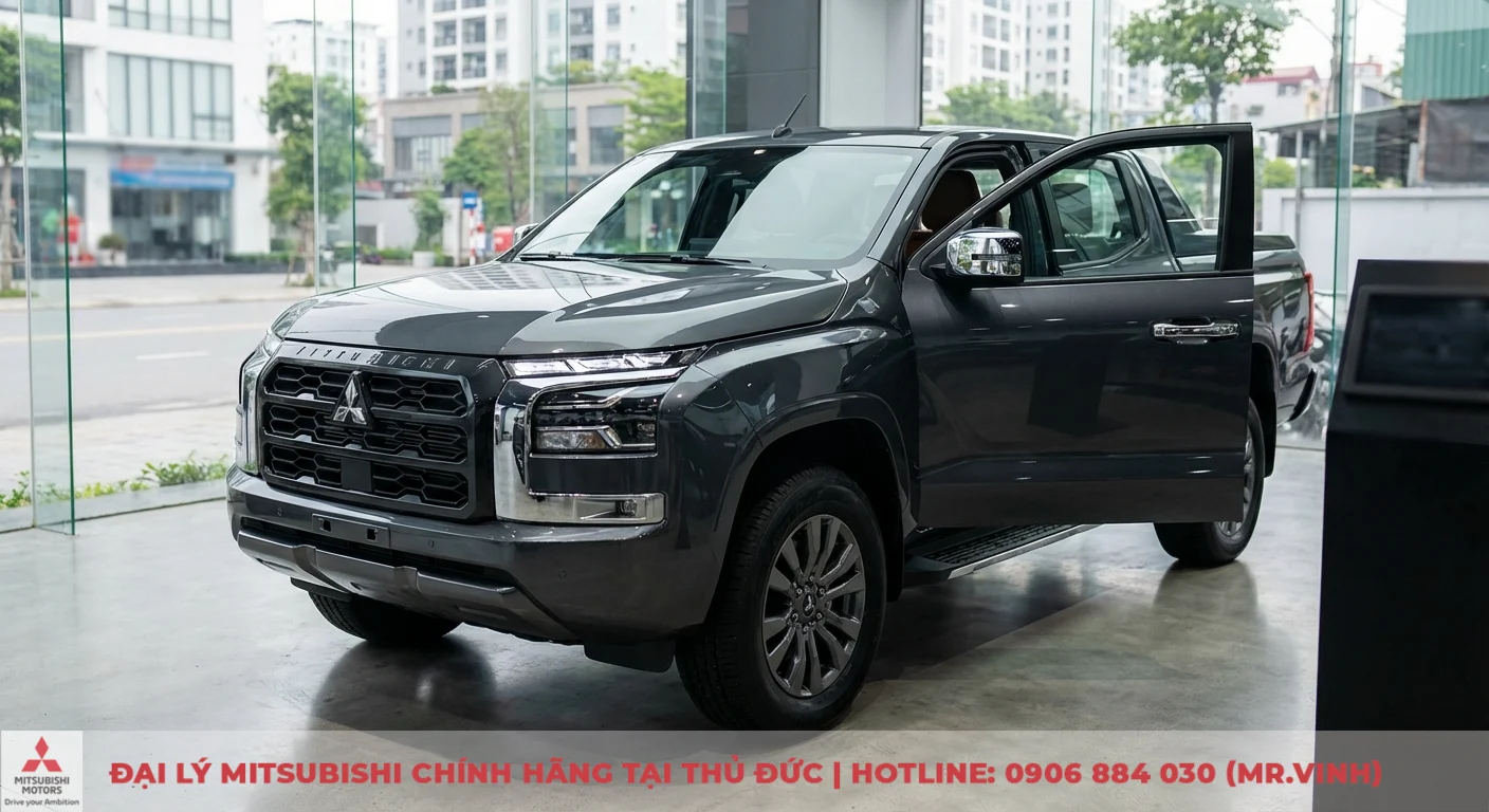 Mitsubishi Triton 2WD AT Premium 2026 - Thông số & giá dự kiến 1 Xe bán tải Mitsubishi Triton màu xám với cửa mở, lưới tản nhiệt lớn, đèn LED sắc nét, mâm hợp kim và nội thất ghế da