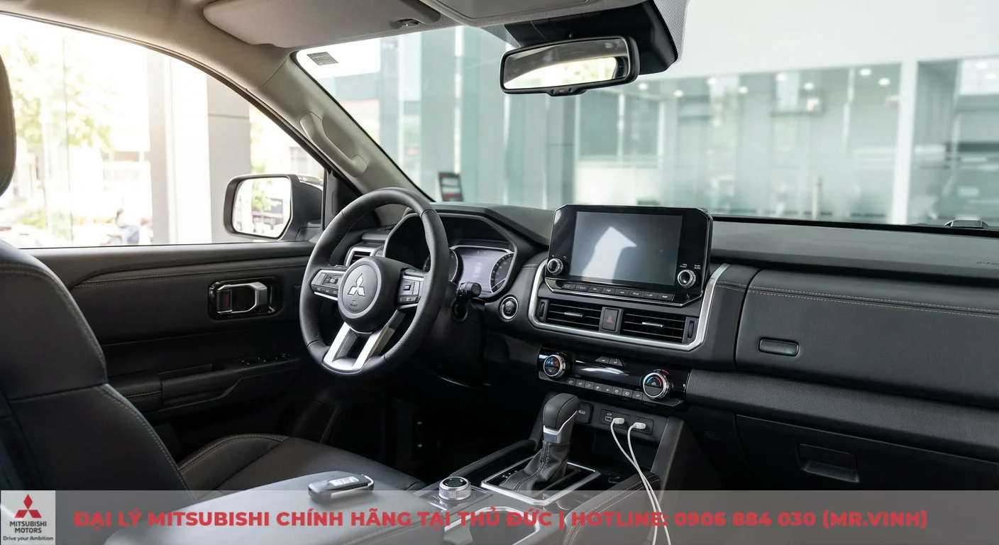 Mitsubishi Triton 2WD AT Premium 2026 - Thông số & giá dự kiến 2 Khoang lái hiện đại của Mitsubishi Triton với vô lăng logo, màn hình trung tâm, cần số, chìa khóa thông minh và cổng sạc USB