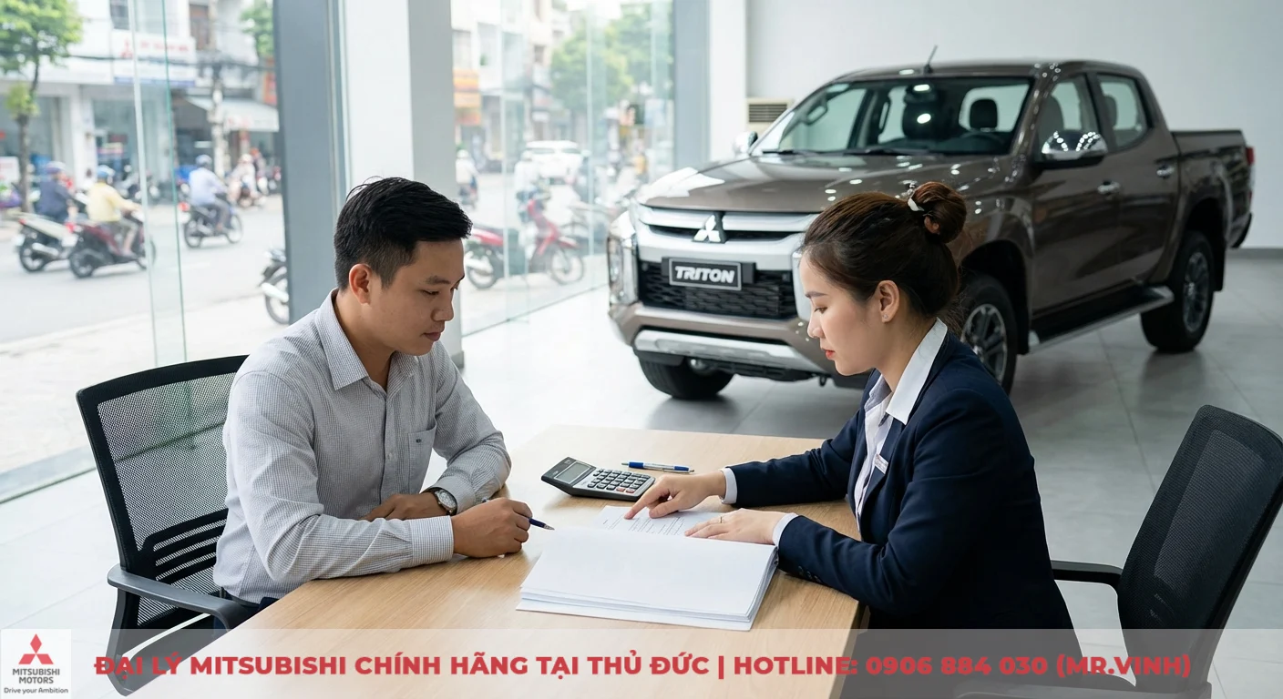 Mitsubishi Triton 2WD AT Premium 2026 - Thông số & giá dự kiến 3 Người đàn ông và phụ nữ ngồi tại bàn xem tài liệu, có máy tính, phía sau là xe bán tải Mitsubishi Triton trong showroom