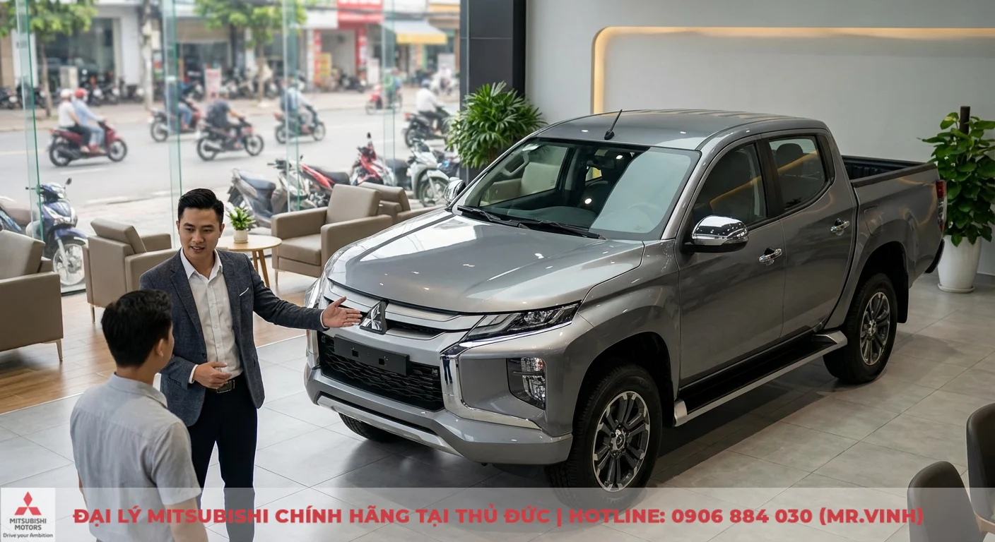 Mitsubishi Triton 2WD AT Premium 2026 - Thông số & giá dự kiến 4 Chiếc xe bán tải Mitsubishi Triton màu bạc trong showroom, nhân viên đang giới thiệu xe cho khách hàng nam, có cửa kính nhìn ra đường phố đông đúc