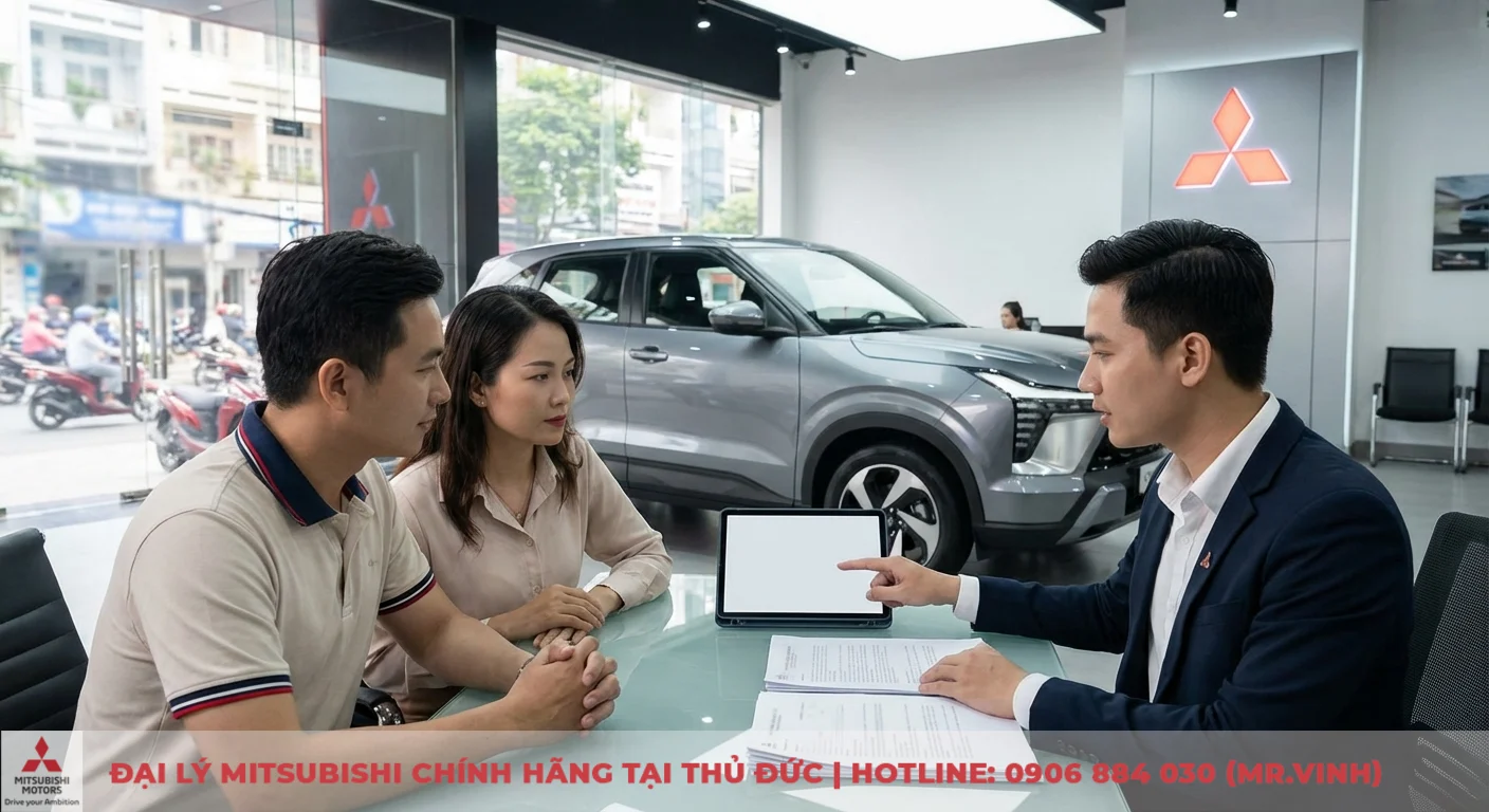 Mitsubishi Xforce 2026: nh&acirc;n vi&ecirc;n đang tư vấn kh&aacute;ch h&agrave;ng về lợi &iacute;ch v&agrave; điều kiện mua trả g&oacute;p