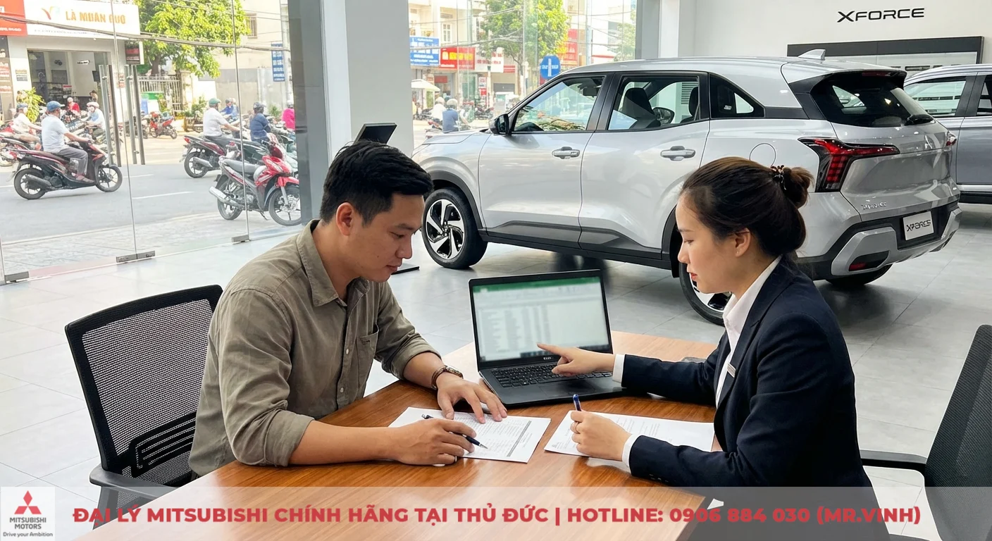 Kh&aacute;ch h&agrave;ng v&agrave; tư vấn vi&ecirc;n xem bảng t&iacute;nh trả g&oacute;p Mitsubishi Xforce 2026 tr&ecirc;n laptop v&agrave; k&yacute; hồ sơ tại TP.HCM