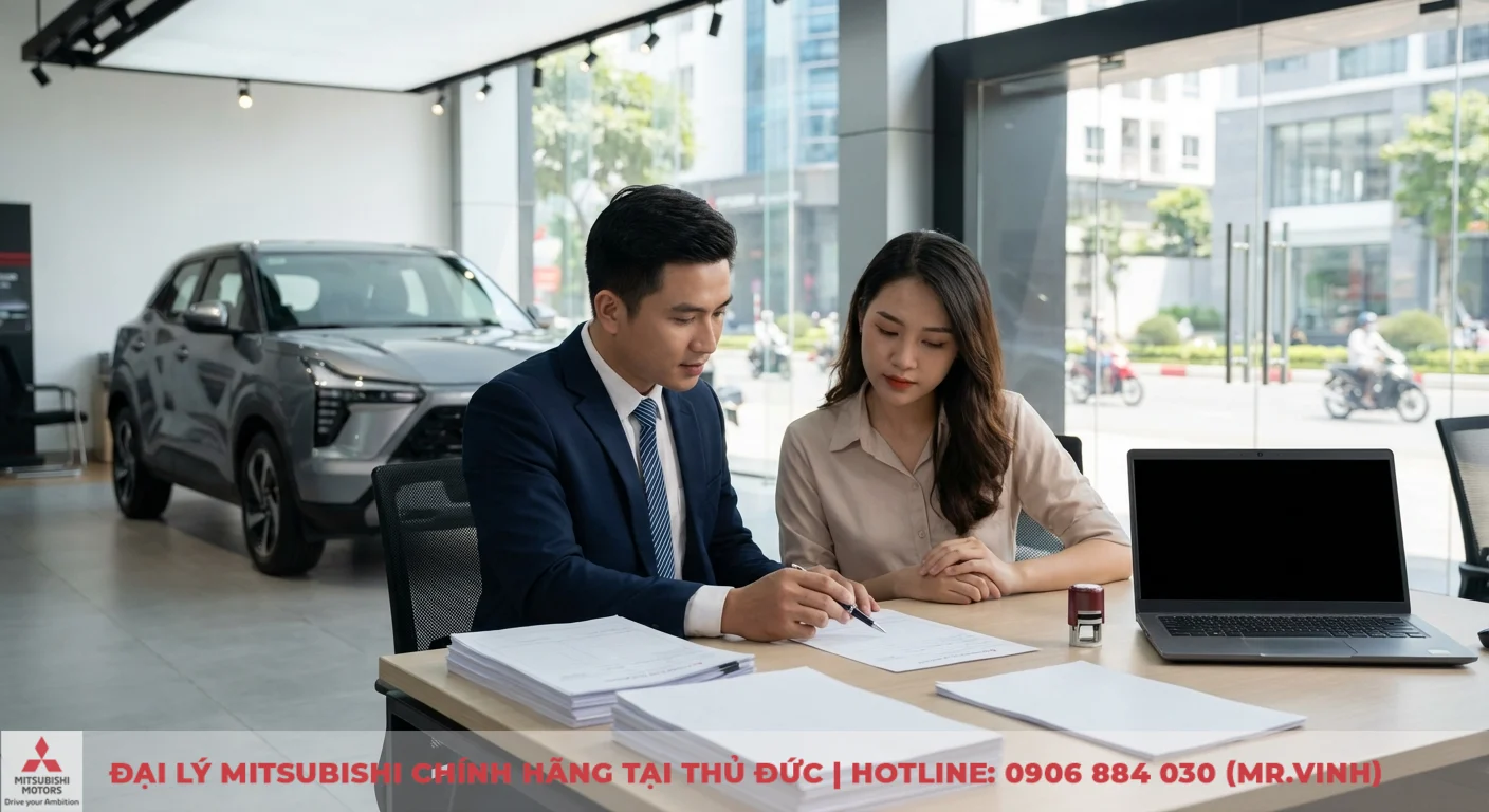 Kh&aacute;ch h&agrave;ng nữ v&agrave; nh&acirc;n vi&ecirc;n tư vấn thảo luận hồ sơ mua Mitsubishi Xforce 2026 trả g&oacute;p tại showroom