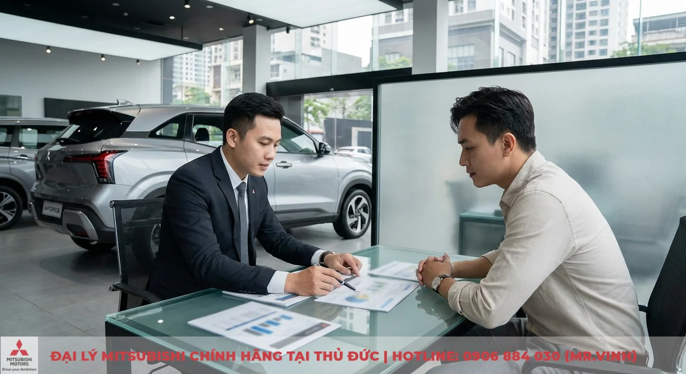 Nh&acirc;n vi&ecirc;n tư vấn hỗ trợ kh&aacute;ch h&agrave;ng lựa chọn ng&acirc;n h&agrave;ng v&agrave; g&oacute;i l&atilde;i suất vay mua xe Xforce 2026 ưu đ&atilde;i