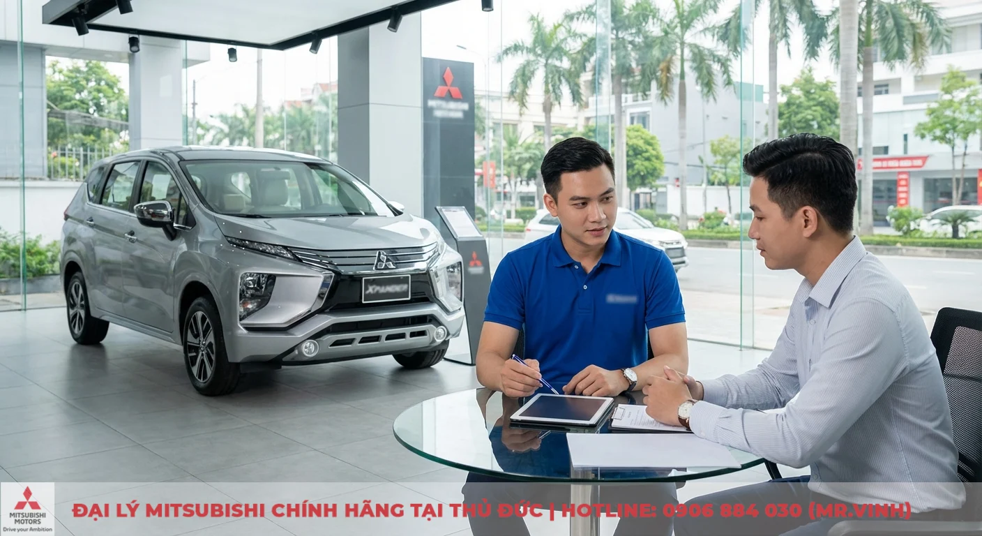 Kh&aacute;ch h&agrave;ng được tư vấn về Mitsubishi Xpander 2026 trả g&oacute;p tại showroom Mitsubishi Saigon 3S với chiếc xe trưng b&agrave;y