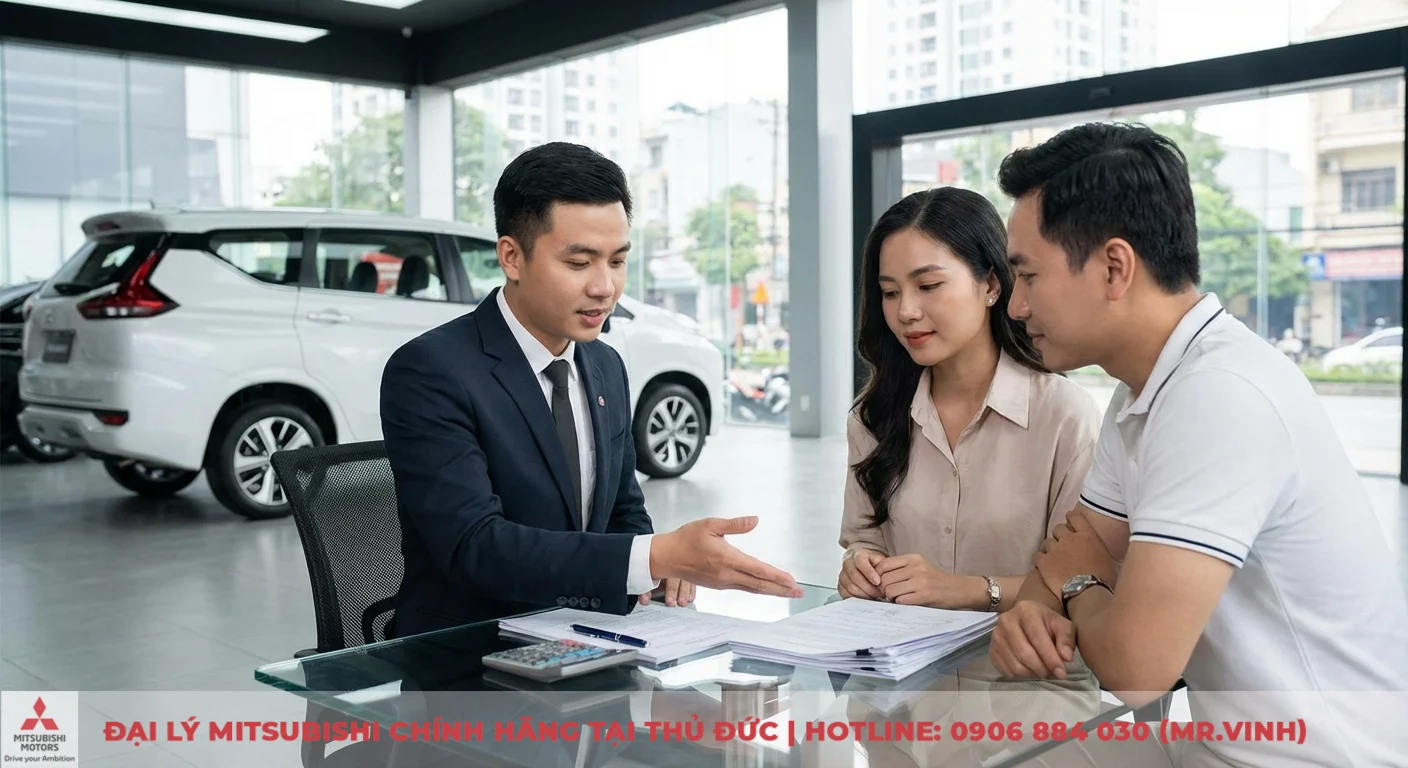 Chuy&ecirc;n vi&ecirc;n đang tư vấn chi tiết về c&aacute;c yếu tố l&atilde;i suất vay mua xe Xpander 2026 cho kh&aacute;ch h&agrave;ng