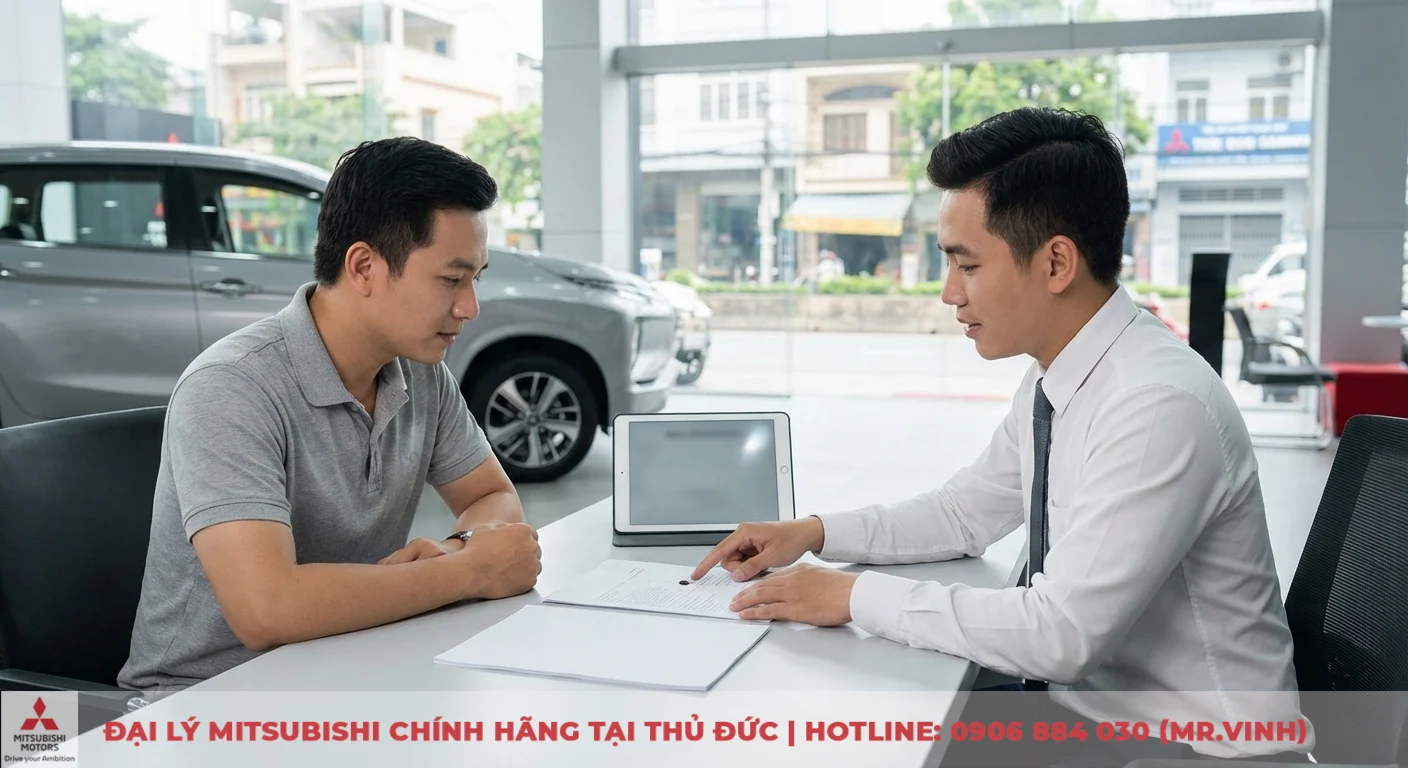 Kh&aacute;ch h&agrave;ng được nh&acirc;n vi&ecirc;n tư vấn Mitsubishi Saigon 3S hướng dẫn ho&agrave;n thiện hồ sơ vay mua xe Xpander 2026 trả g&oacute;p